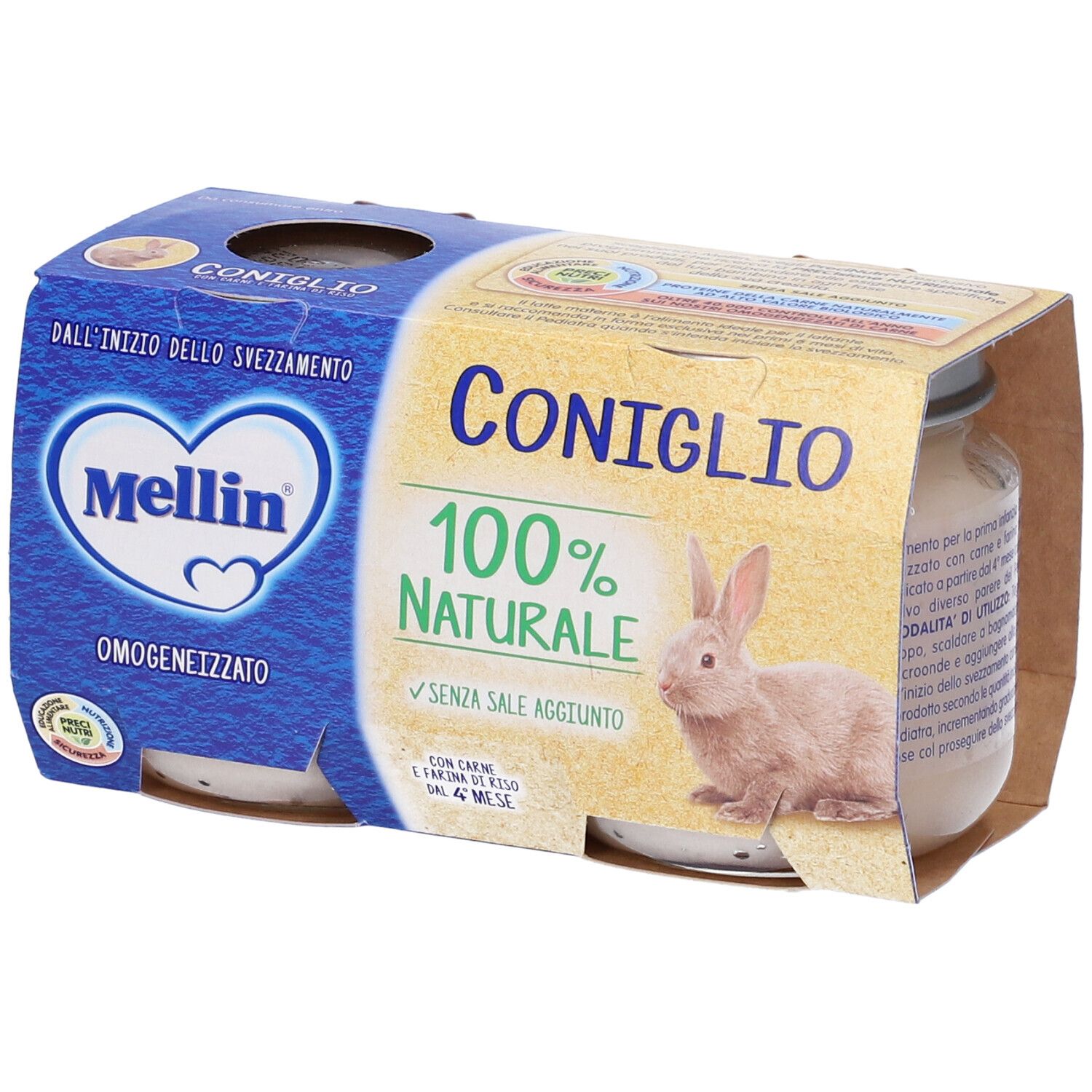 Mellin Omogenizzato Coniglio in vasetti. Scritta '100% naturale'. Immagine di coniglio. Confezione con informazioni sul prodotto.