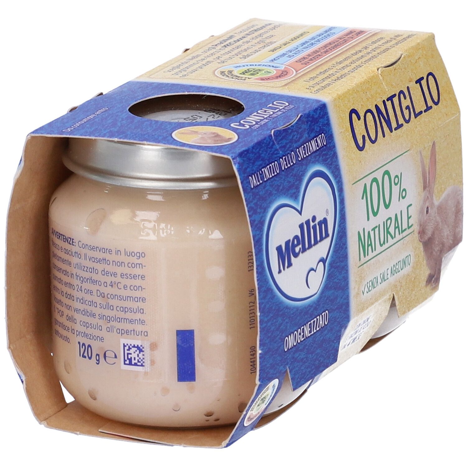 Vasetto di Mellin Omogenizzato Coniglio. Scritta '100% naturale'. Immagine di coniglio. Confezione con informazioni sul prodotto.