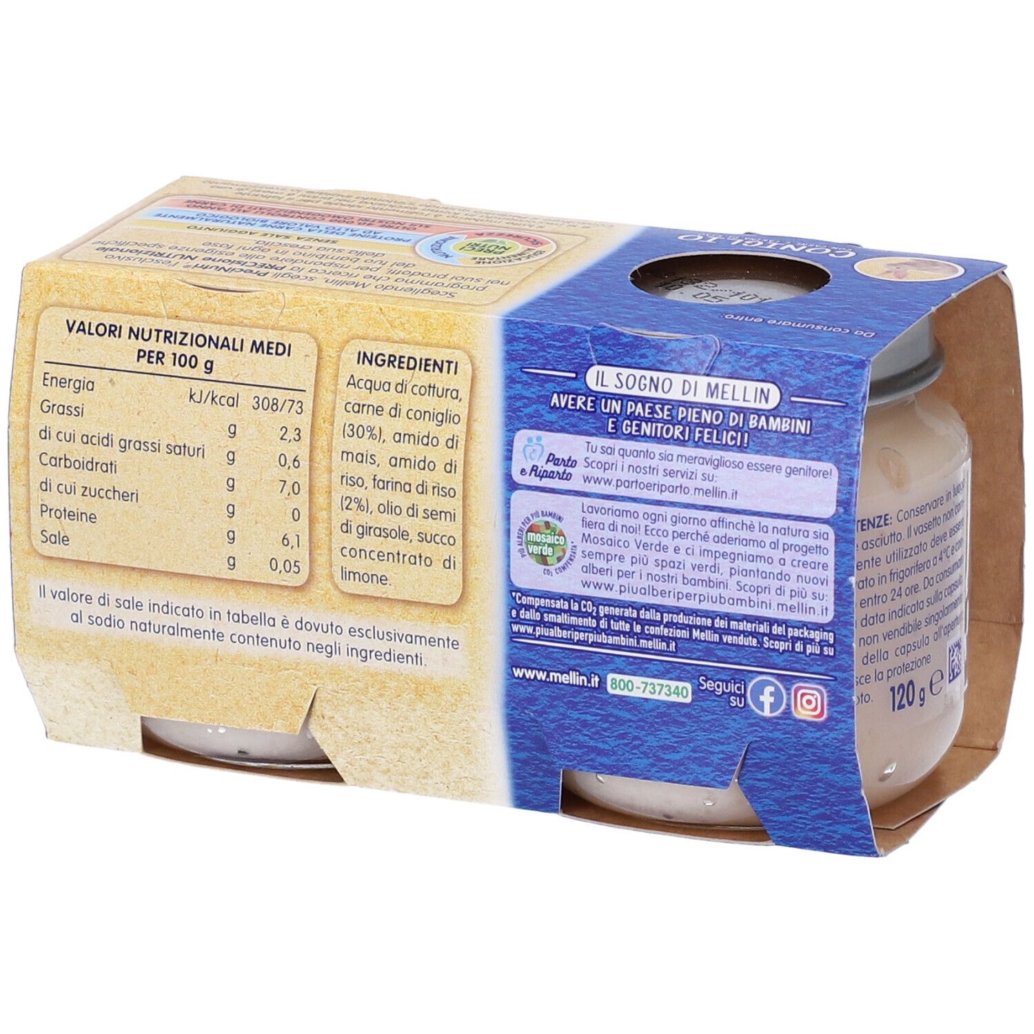 Retro della confezione di Mellin Omogenizzato Coniglio. Contiene informazioni nutrizionali e ingredienti. Due vasetti visibili.