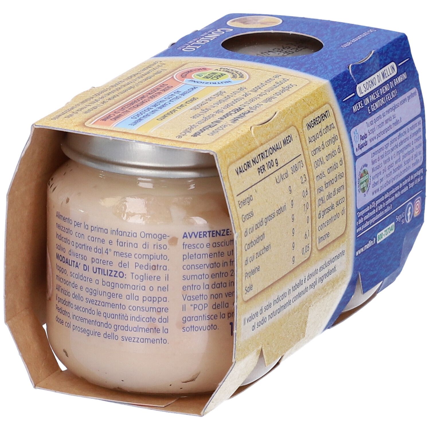Confezione di Mellin Omogenizzato Coniglio. Contiene informazioni nutrizionali e ingredienti. Un vasetto visibile.