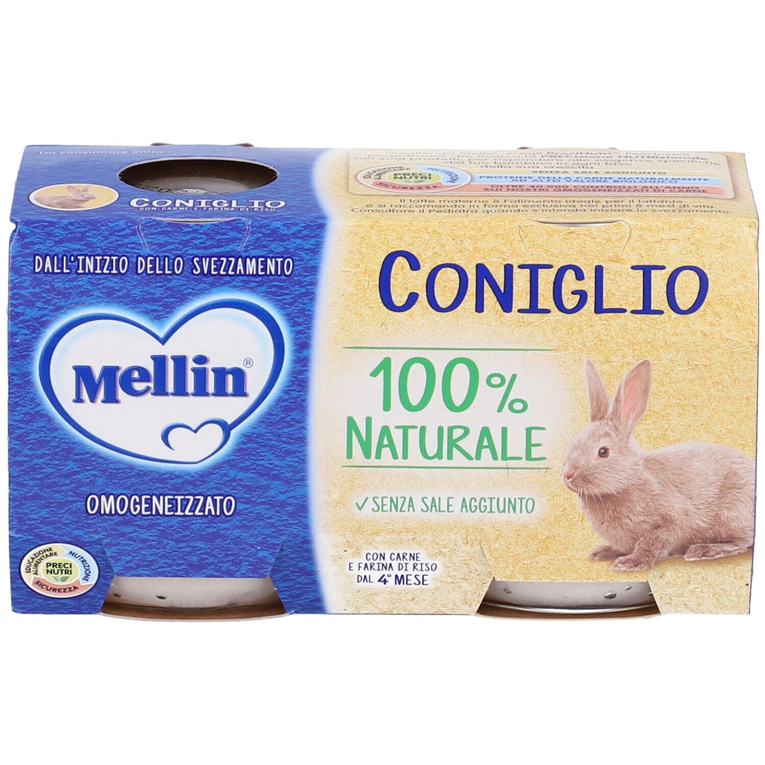 Confezione di Mellin Omogenizzato Coniglio. Scritta '100% naturale'. Immagine di coniglio. Informazioni sul prodotto.