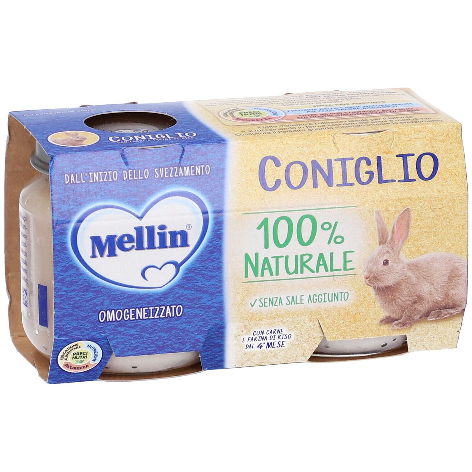 Confezione di Mellin Omogenizzato Coniglio. Scritta '100% naturale'. Immagine di coniglio. Informazioni sul prodotto.