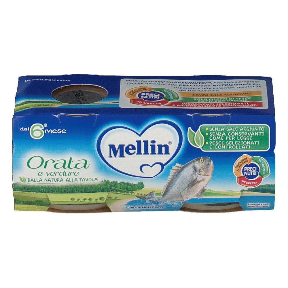 Verpackung mit drei Gläsern Mellin® Orata. Blaue Verpackung mit Produktnamen und Fischabbildung. "Dalla natura alla tavola".