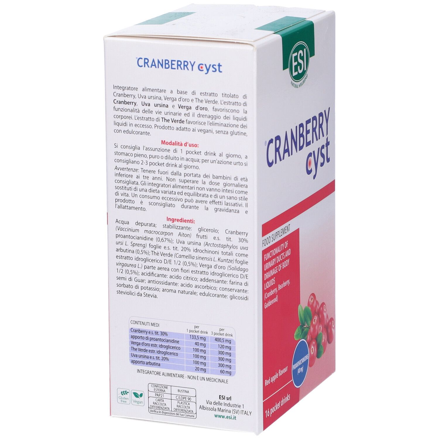 Weiße Schachtel mit 'Cranberry Cyst'. Rückseite mit Inhaltsangaben und Gebrauchsanweisung. Text: 'ESI'.