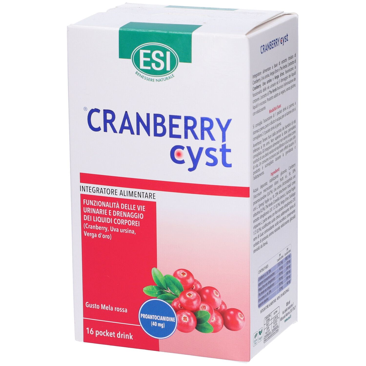 Weiße Schachtel mit 'Cranberry Cyst'. Rote Cranberry-Abbildung. Text: 'ESI', 'Integratore alimentare', '16 pocket drink'.