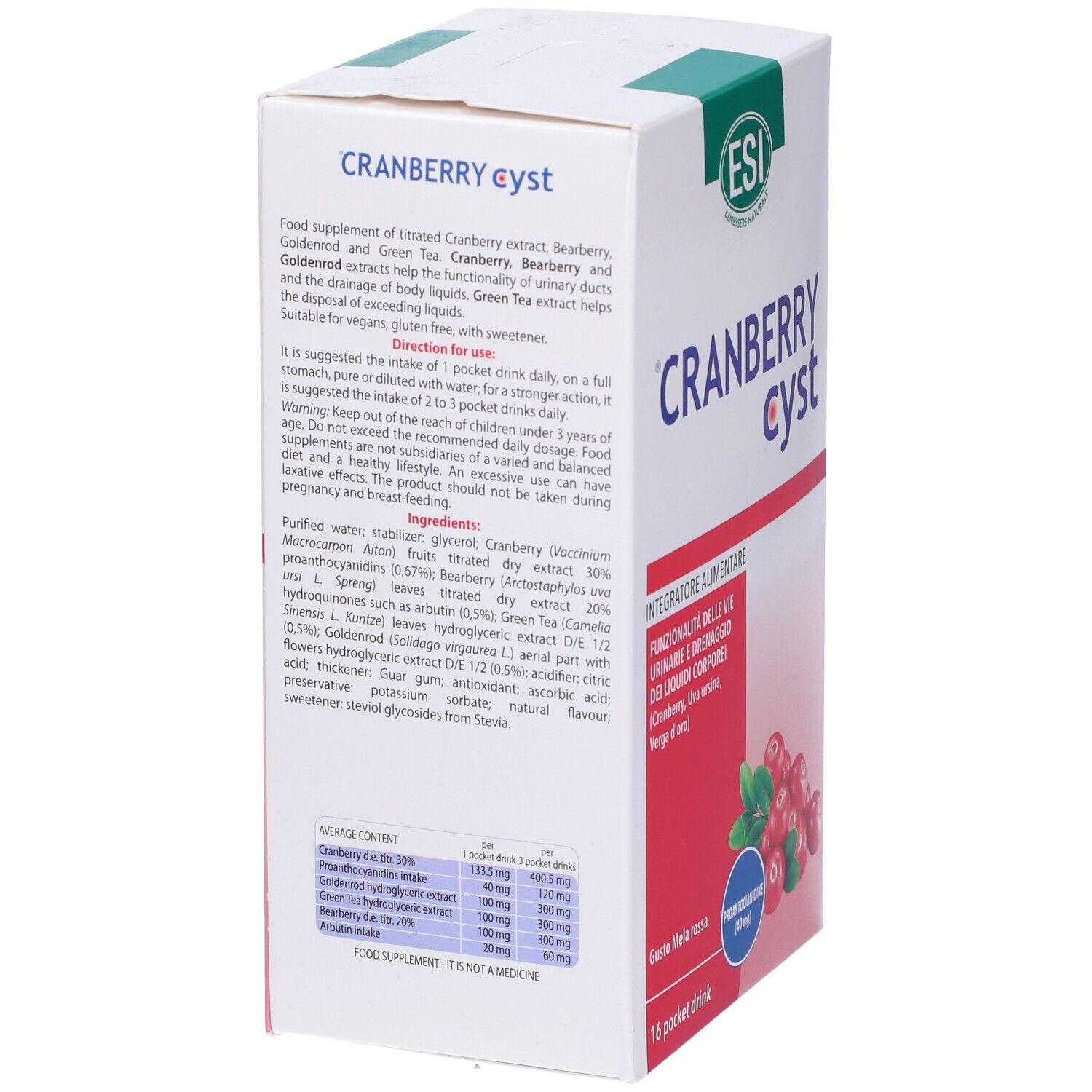 Weiße Schachtel mit 'Cranberry Cyst'. Rückseite mit Inhaltsangaben und Gebrauchsanweisung. Text: 'ESI'.