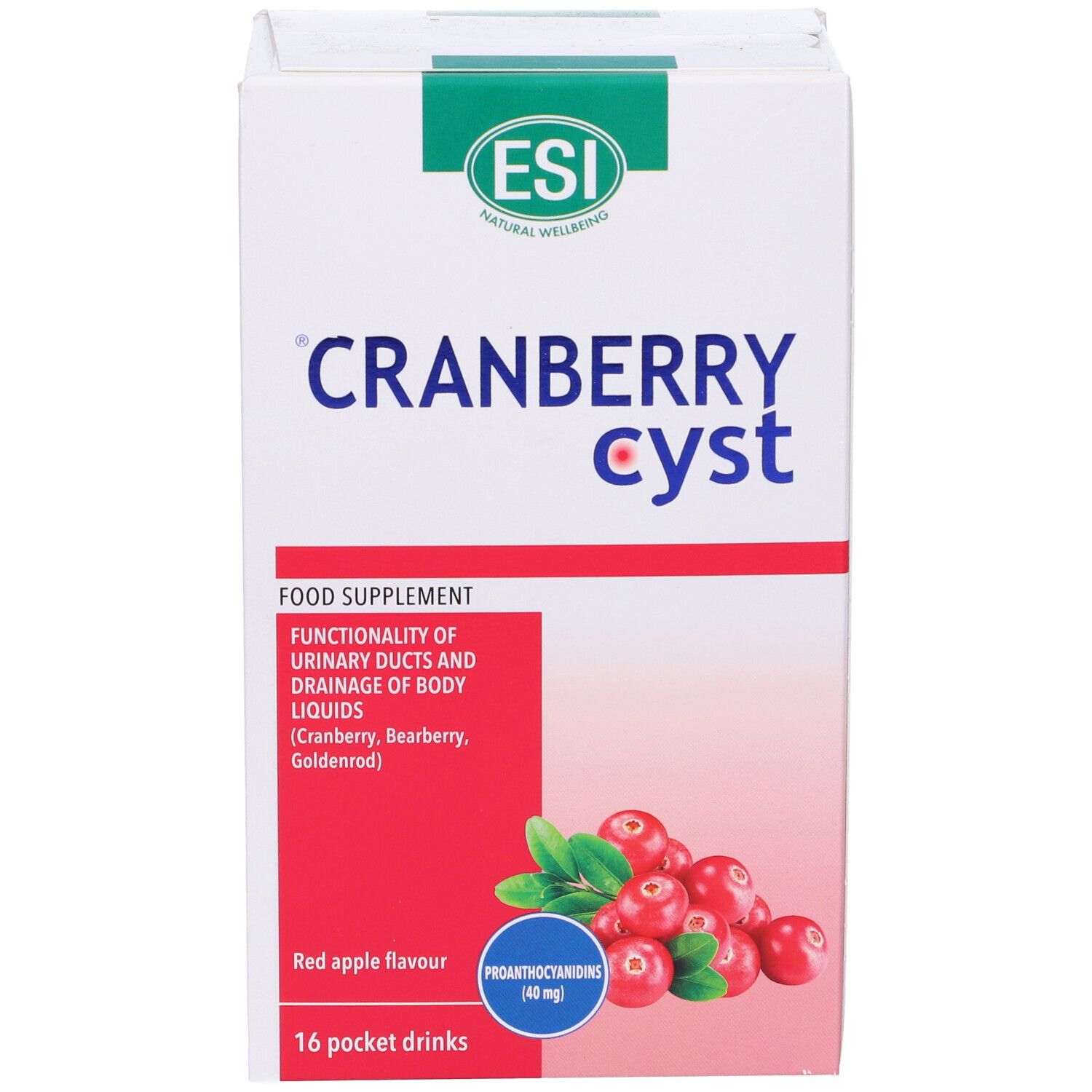 Weiße Schachtel mit 'Cranberry Cyst'. Rote Cranberry-Abbildung. Text: 'ESI', 'Food Supplement', '16 pocket drinks'.