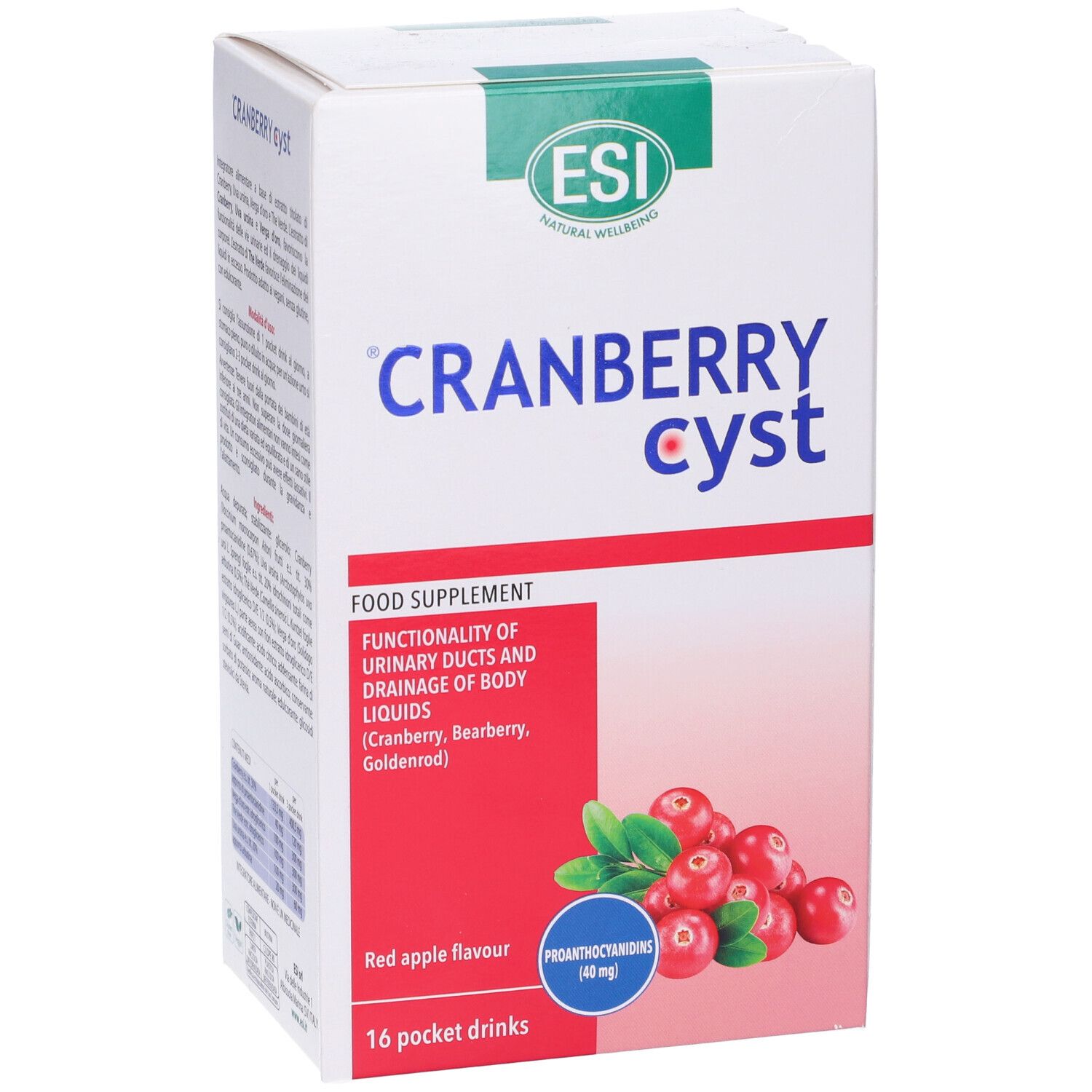 Weiße Schachtel mit 'Cranberry Cyst'. Rote Cranberry-Abbildung. Text: 'ESI', 'Food Supplement', '16 pocket drinks'.