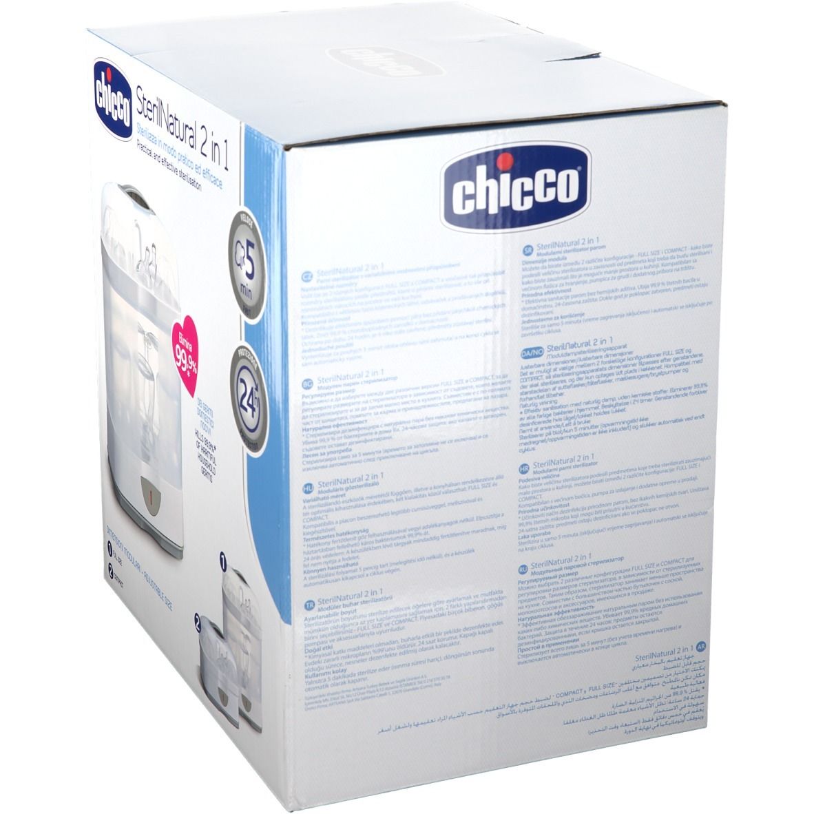 Retro della confezione Chicco SterilNatural 2 in 1. Testo multilingue. Illustrazioni e loghi del prodotto.