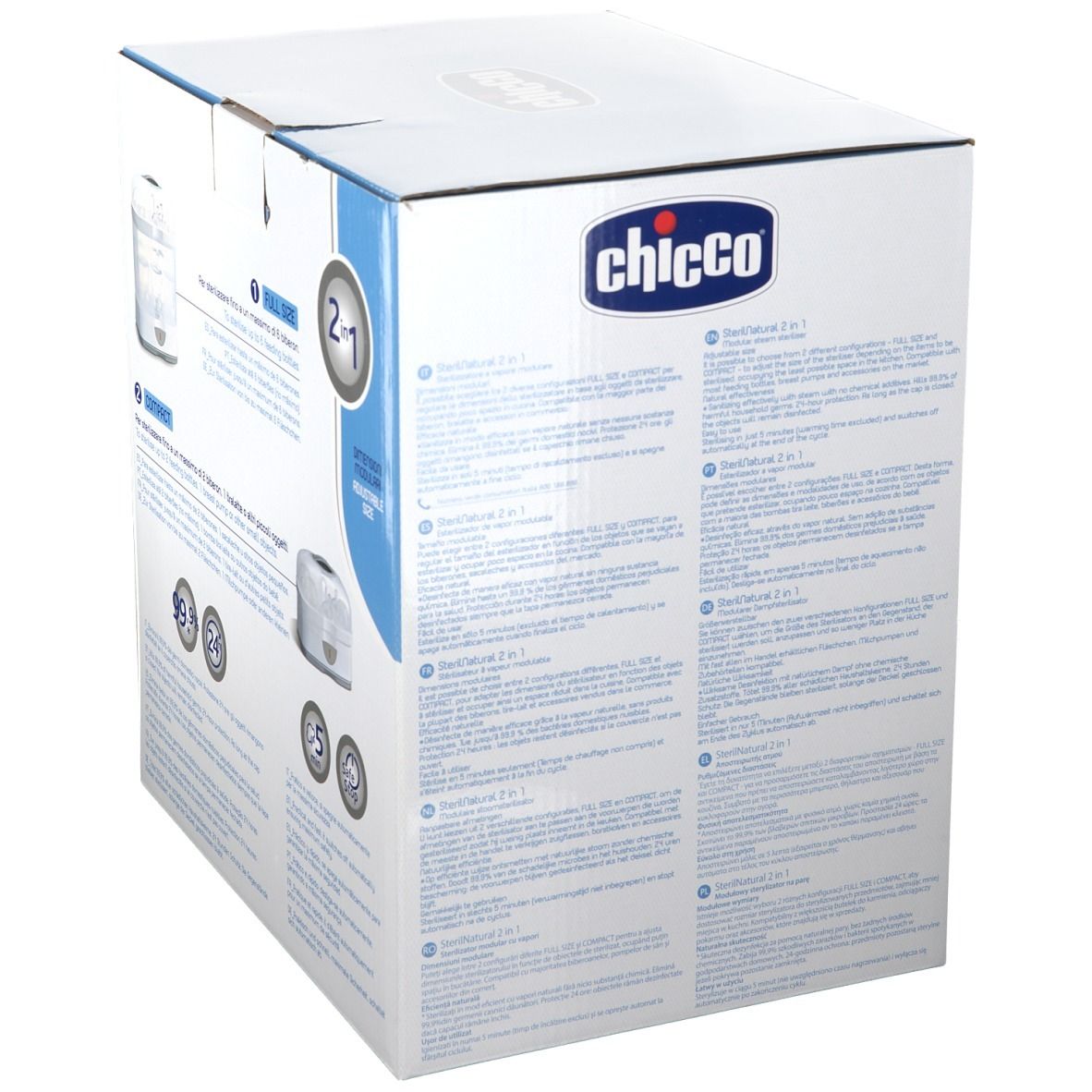 Confezione Chicco SterilNatural 2 in 1. Illustrazioni e testo del prodotto. Sterilizzazione 5 minuti. Protezione 24 ore. Elimina il 99,9% dei germi.