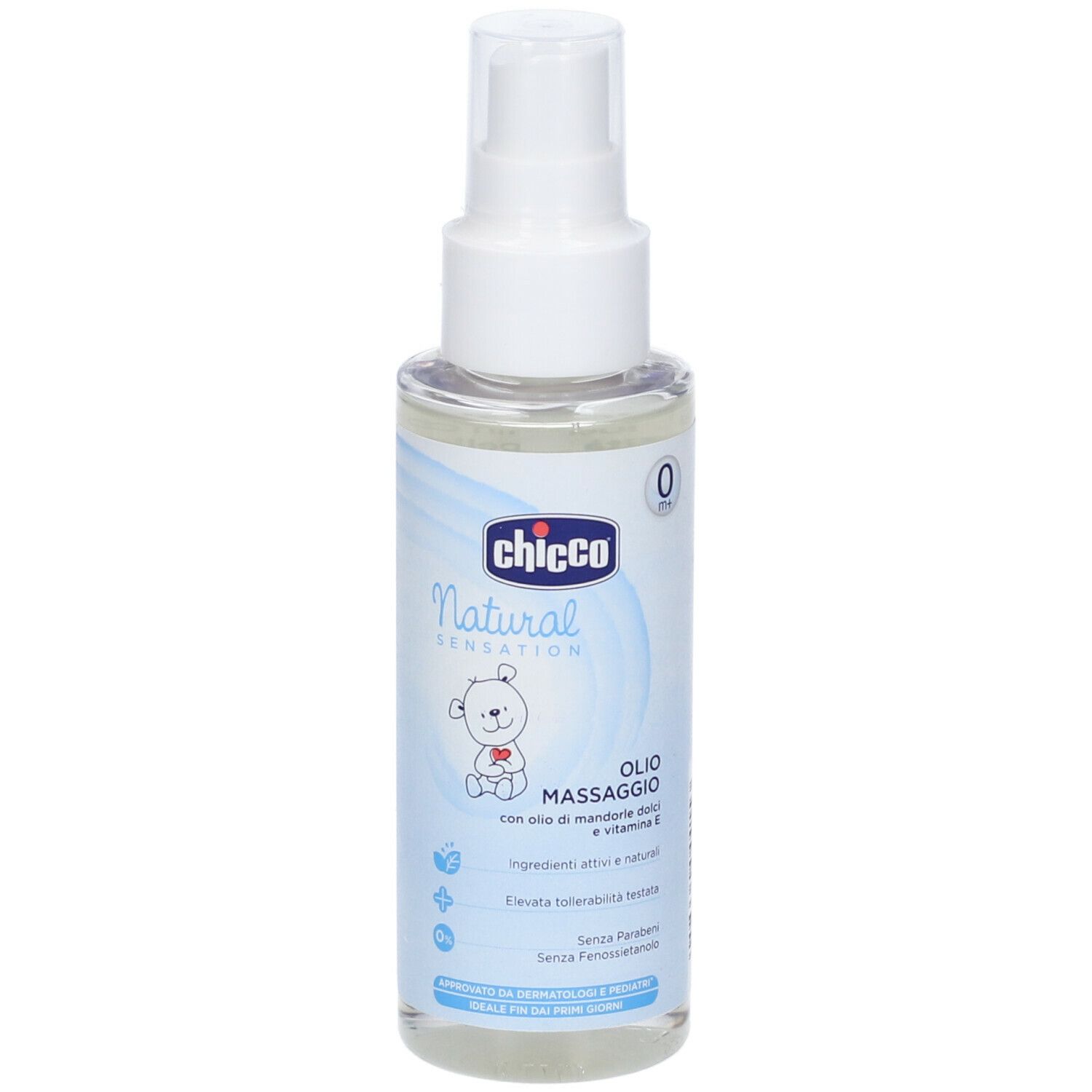 Flacone spray trasparente con olio liquido. Scritta: Chicco Natural Sensation, Olio Massaggio. Con ingredienti naturali.