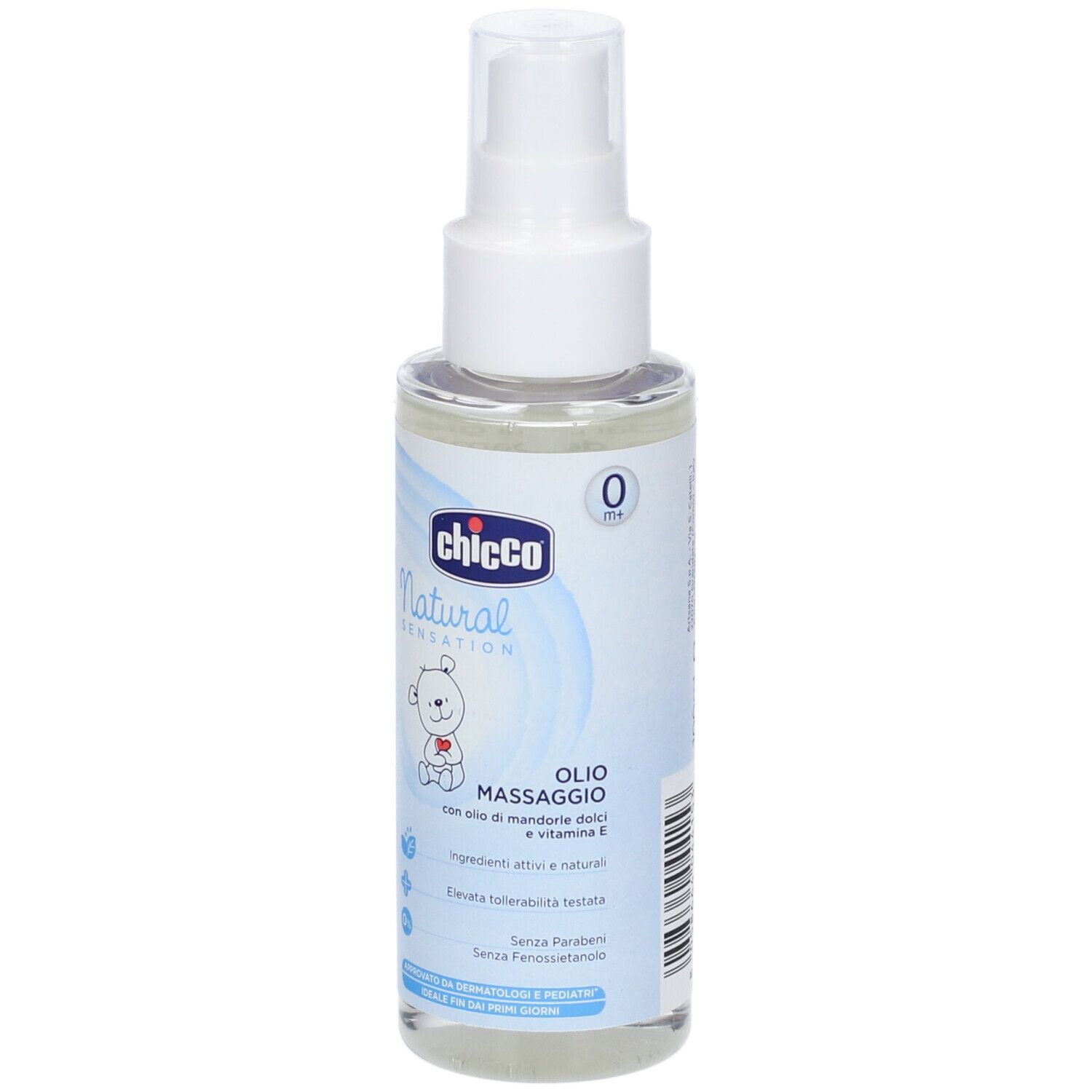 Flacone spray trasparente con olio liquido. Scritta: Chicco Natural Sensation, Olio Massaggio. Con ingredienti naturali.