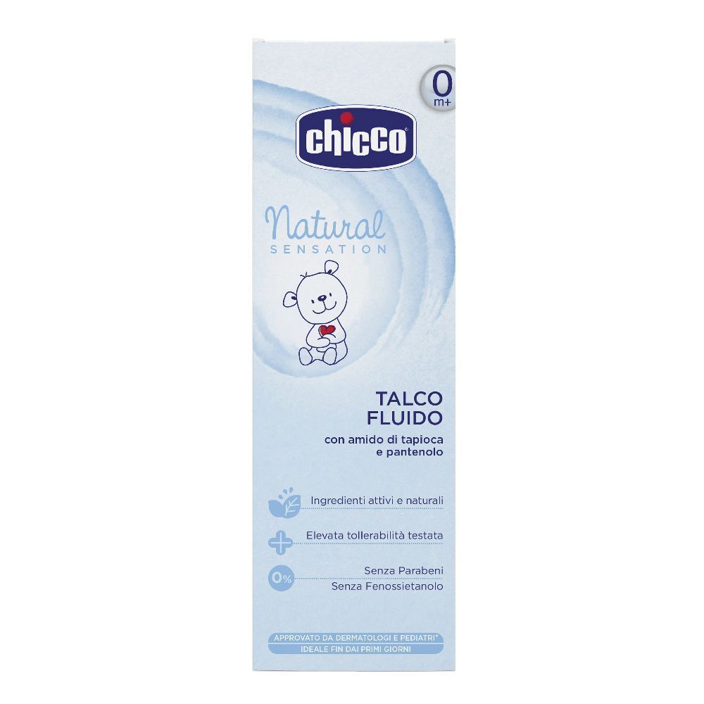 Confezione di Chicco Talco Fluido. Scatola bianca e blu con nome del prodotto, logo e illustrazione di un orsetto. Contiene informazioni sugli ingredienti.