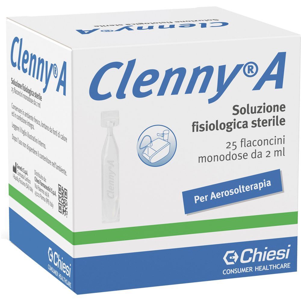 Verpackung von Clenny® A. Box mit Produktinformationen und Logo. Enthält 25 Einzeldosis-Fläschchen.