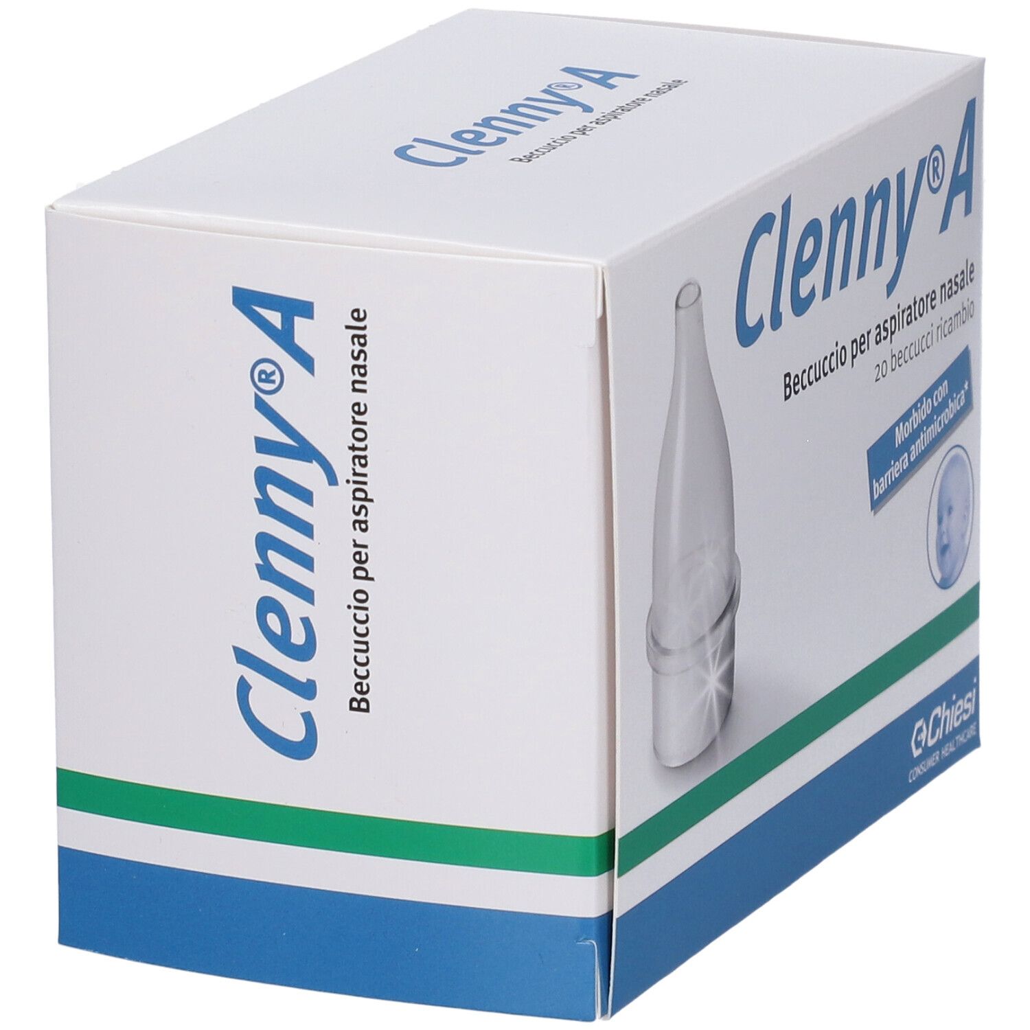 Verpackung Clenny® A. Nasenaufsatz für Nasensauger. Enthält einen Nasenaufsatz. Marke Chiesi.