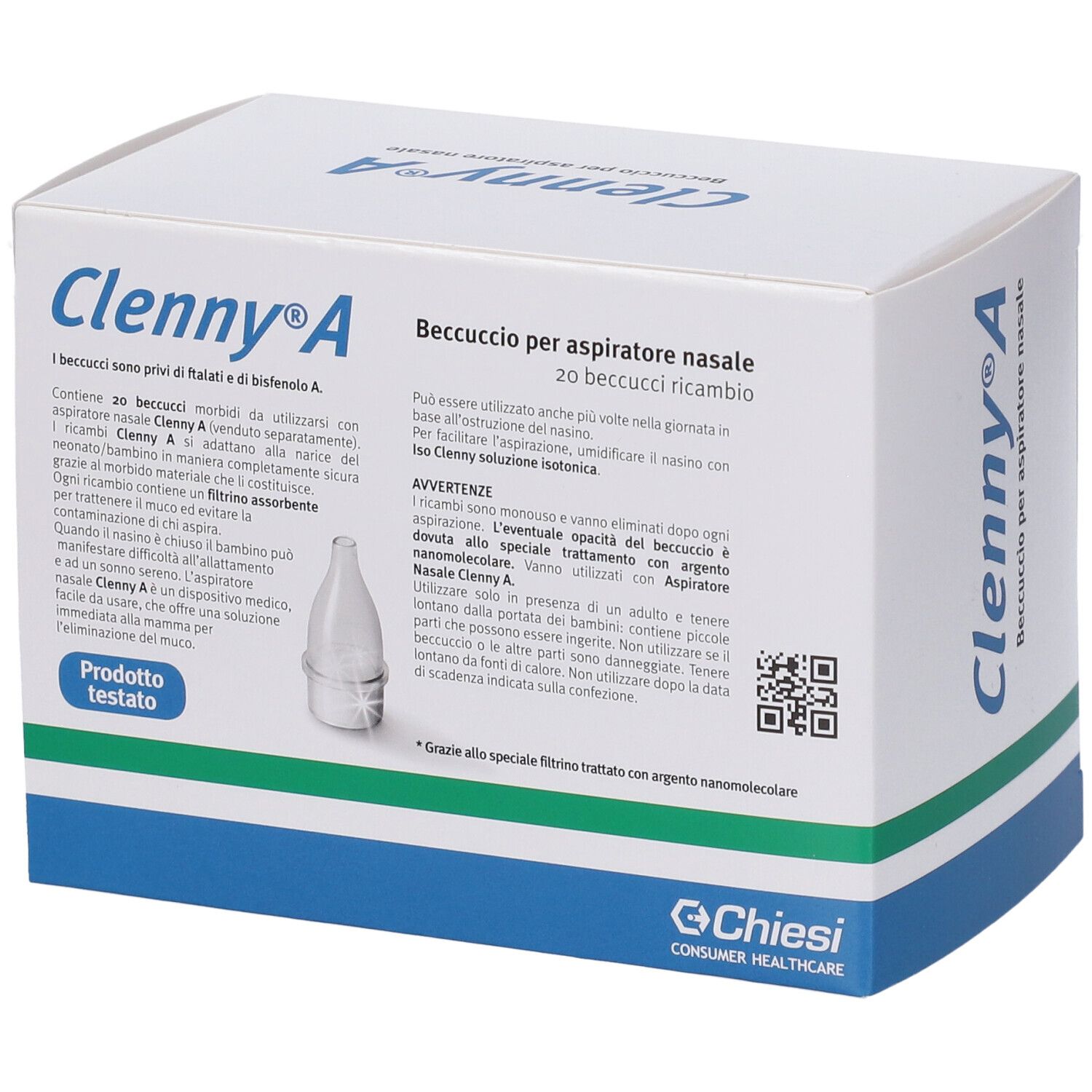 Verpackung Clenny® A. Nasenaufsatz für Nasensauger. Enthält Produktinformationen. Marke Chiesi.