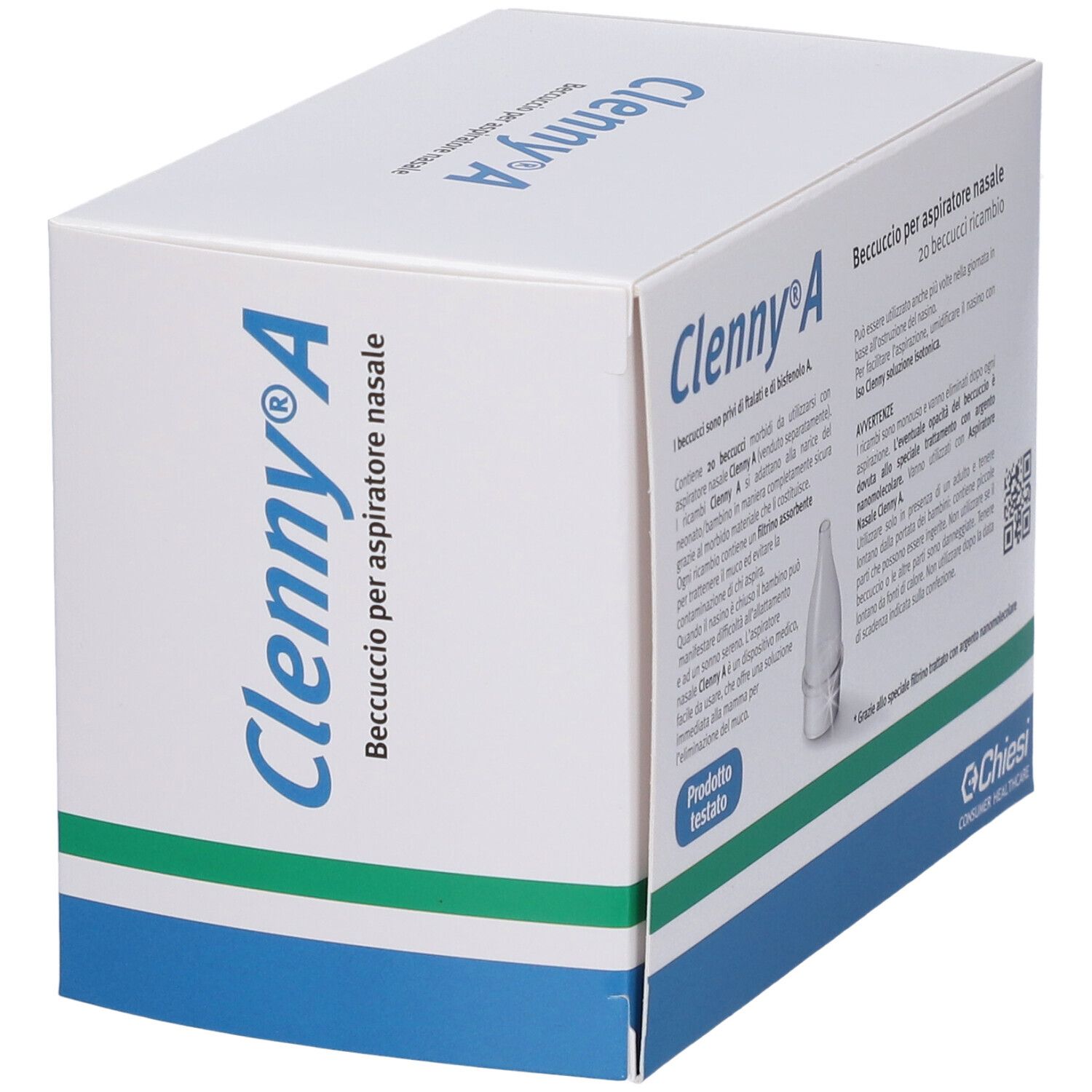 Verpackung Clenny® A. Nasenaufsatz für Nasensauger. Enthält Produktinformationen. Marke Chiesi.