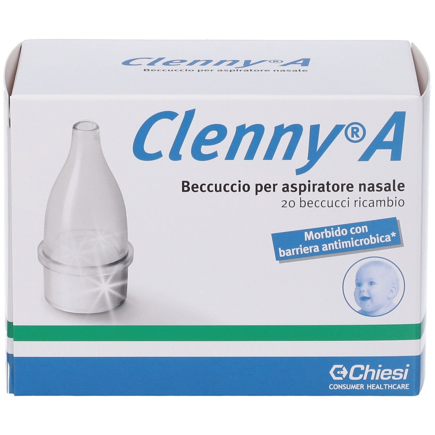 Verpackung Clenny® A. Nasenaufsatz für Nasensauger. Enthält einen Nasenaufsatz. Marke Chiesi.
