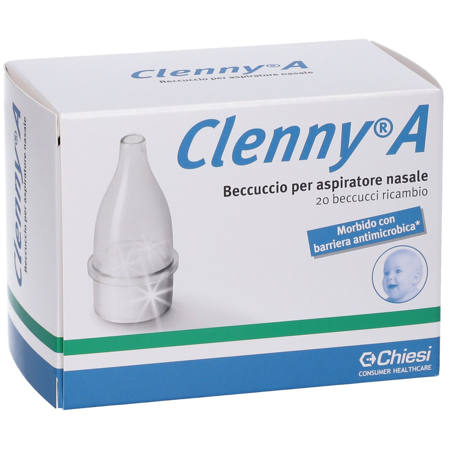 Verpackung mit Clenny® A Nasenaufsatz. Enthält einen Nasenaufsatz und Produktinformationen. Marke: Chiesi.