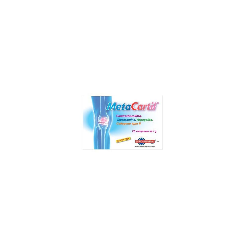 Confezione di Metacartil 20 Compresse. Contiene: Condroitinsolfato, Glucosamina, Arpagofto, Collagene tipo II. Senza glutine.