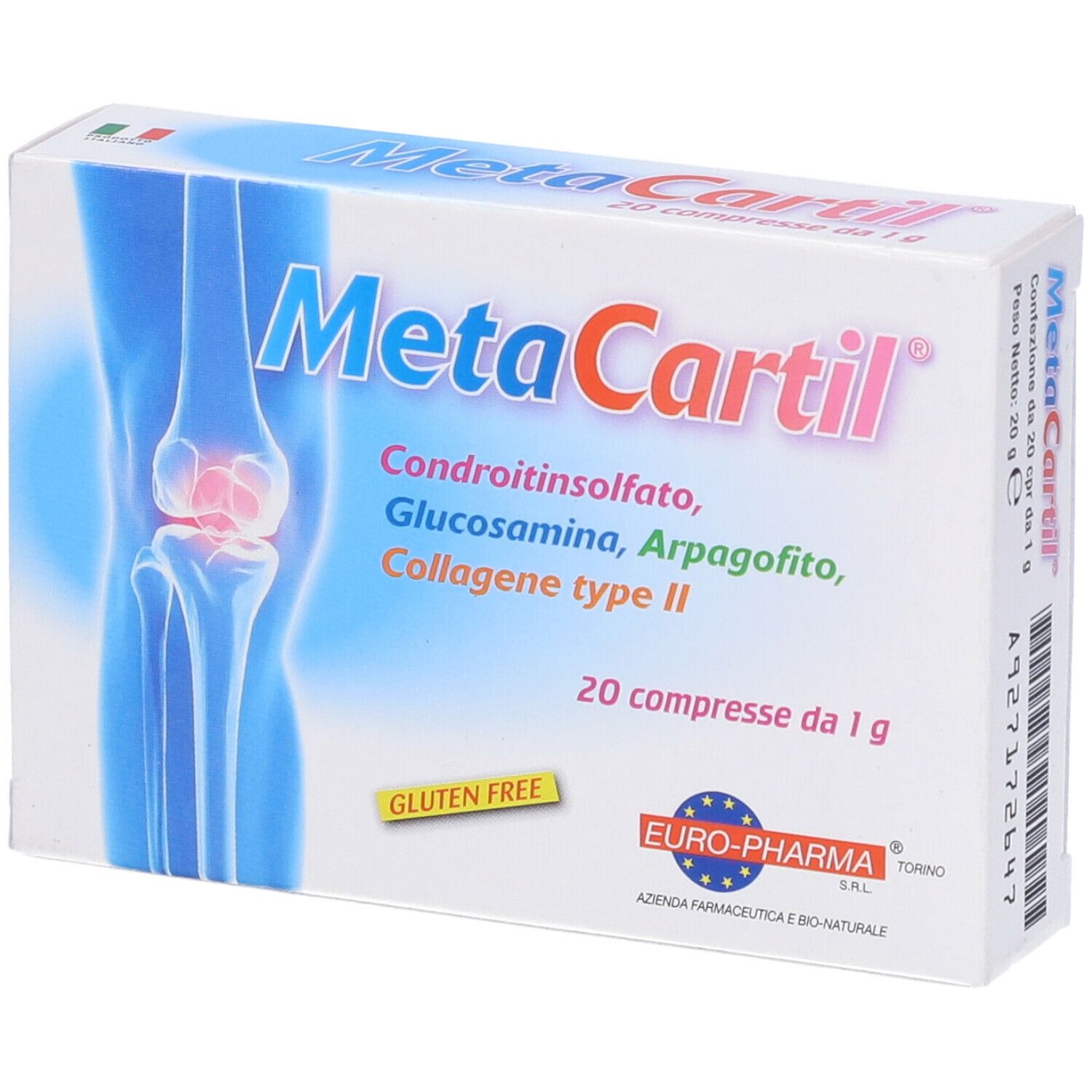 Scatola di Metacartil 20 Compresse. Contiene: Condroitinsolfato, Glucosamina, Arpagofto, Collagene tipo II. 20 compresse. Senza glutine.