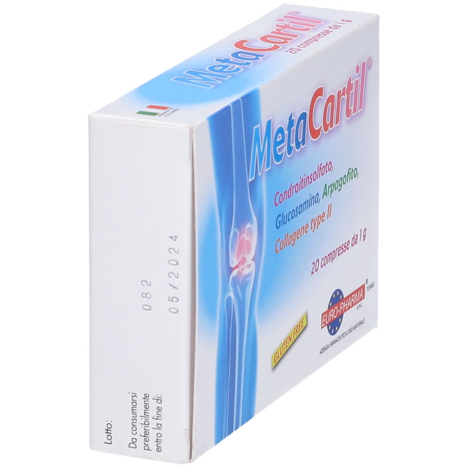 Scatola di Metacartil 20 Compresse. Contiene: Condroitinsolfato, Glucosamina, Arpagofto, Collagene tipo II. 20 compresse. Senza glutine.