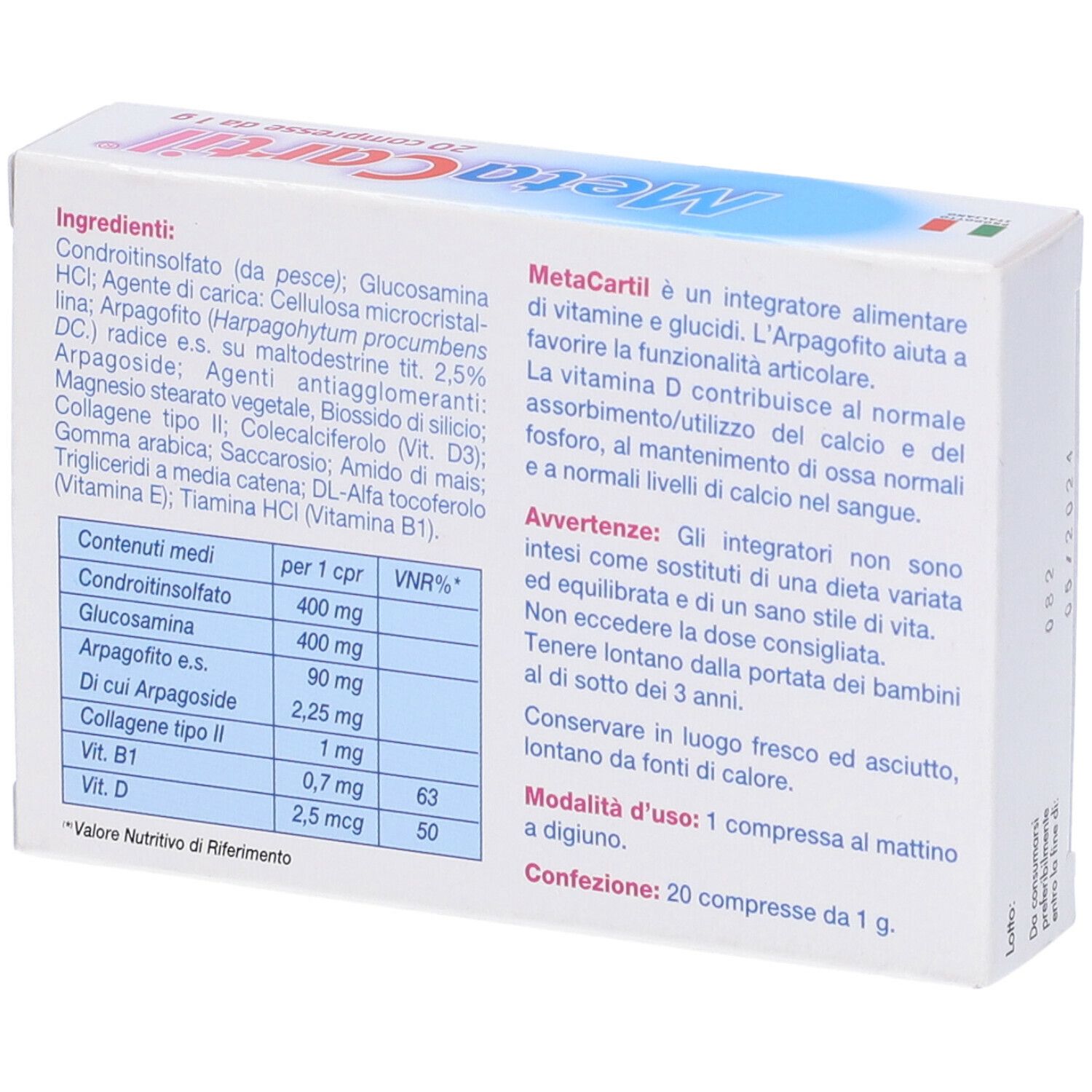 Retro della confezione di Metacartil 20 Compresse. Contiene informazioni sugli ingredienti e i valori nutrizionali. 20 compresse.