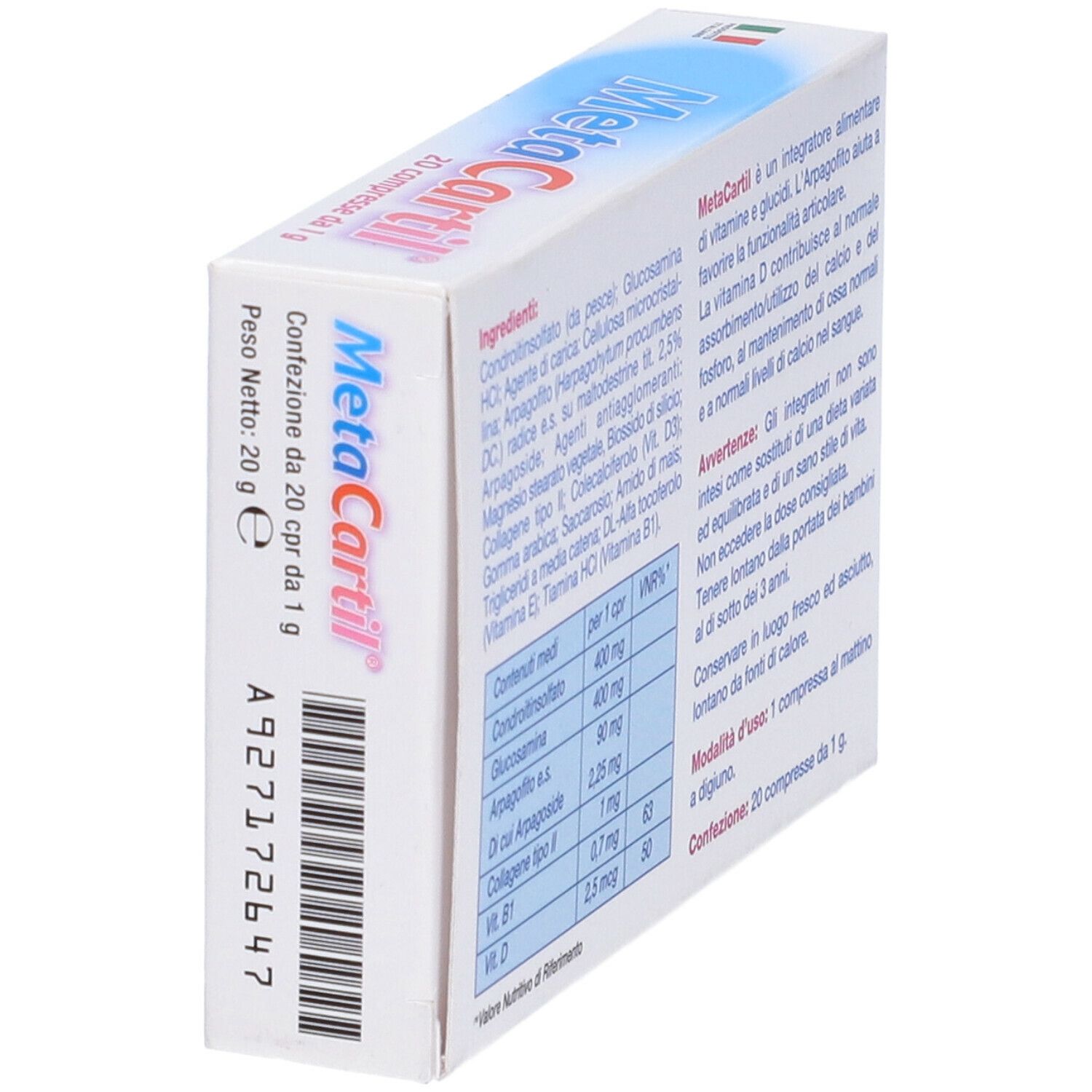 Confezione di Metacartil 20 Compresse, in prospettiva. Contiene: Condroitinsolfato, Glucosamina, Arpagofto, Collagene tipo II. 20 compresse.