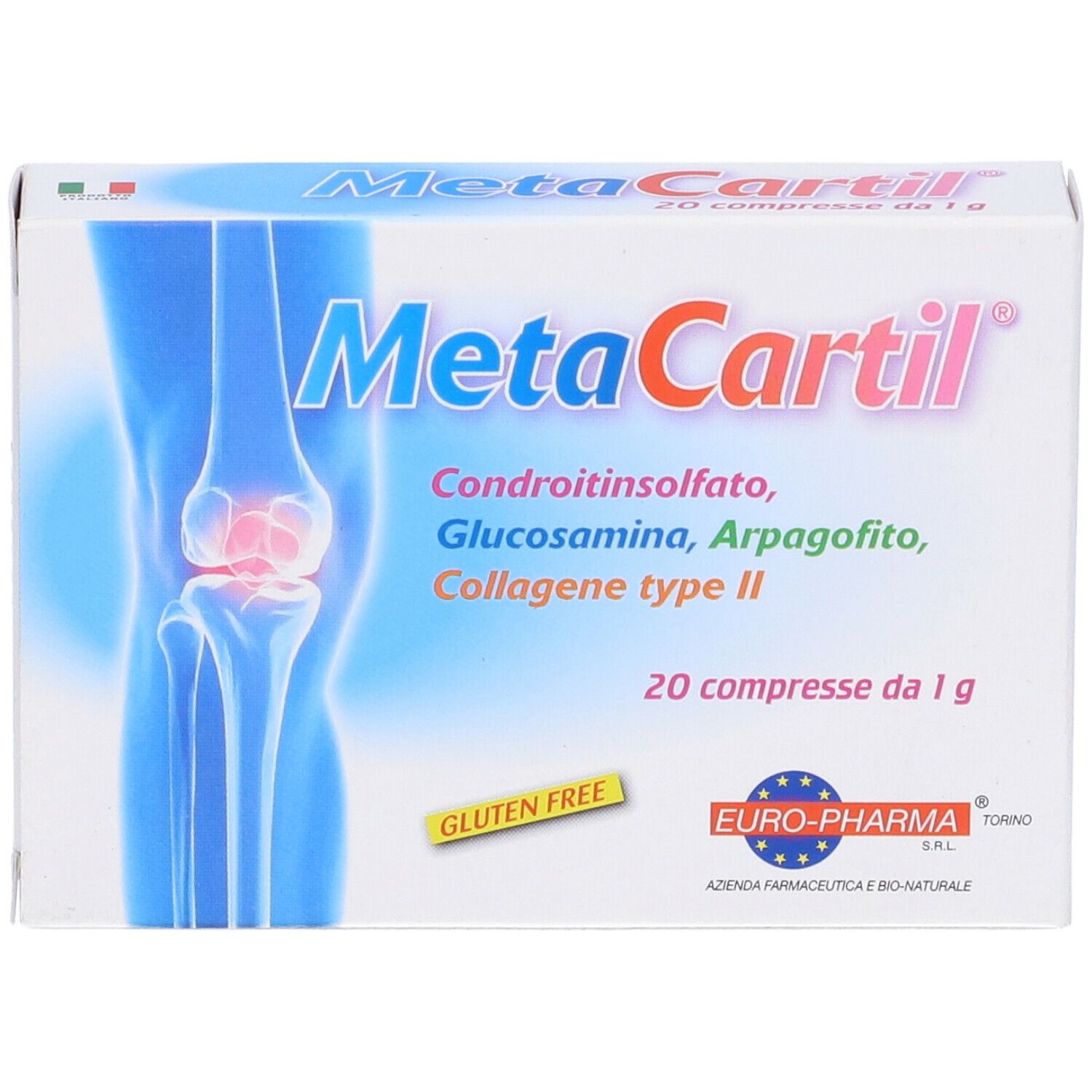Scatola di Metacartil 20 Compresse. Contiene: Condroitinsolfato, Glucosamina, Arpagofto, Collagene tipo II. 20 compresse. Senza glutine.