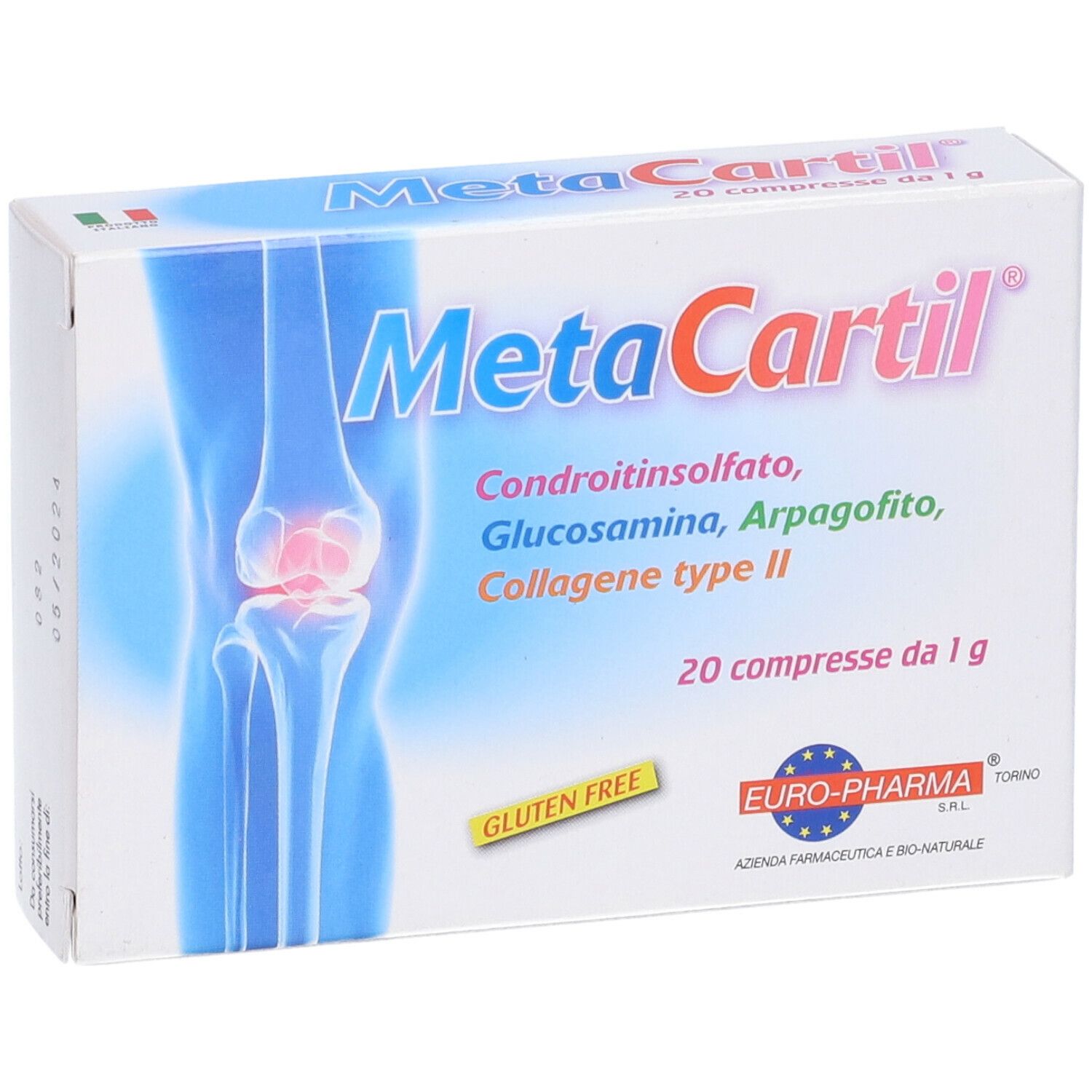 Scatola di Metacartil 20 Compresse. Contiene: Condroitinsolfato, Glucosamina, Arpagofto, Collagene tipo II. 20 compresse. Senza glutine.