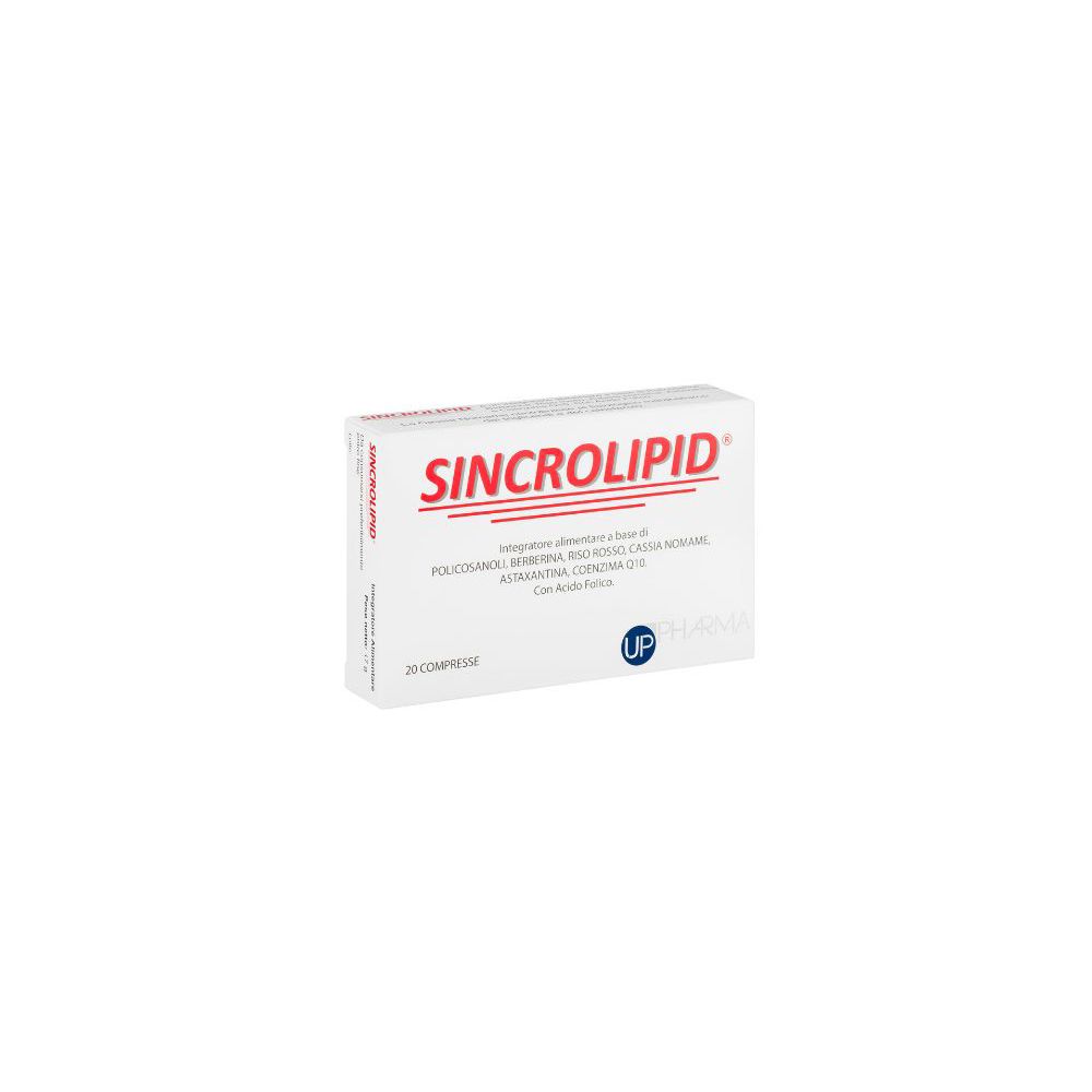 Scatola bianca Sincrolipid con testo rosso. Contiene 20 compresse. Logo UP Pharma.