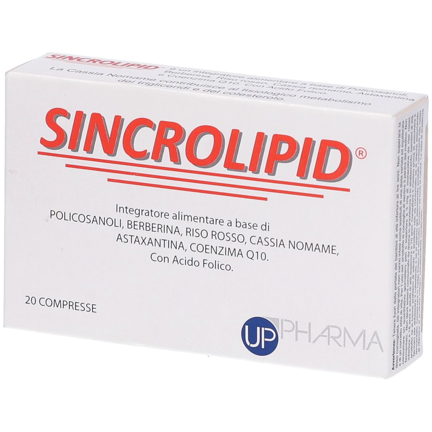 Scatola bianca Sincrolipid con testo rosso. Contiene 20 compresse. Logo UP Pharma.