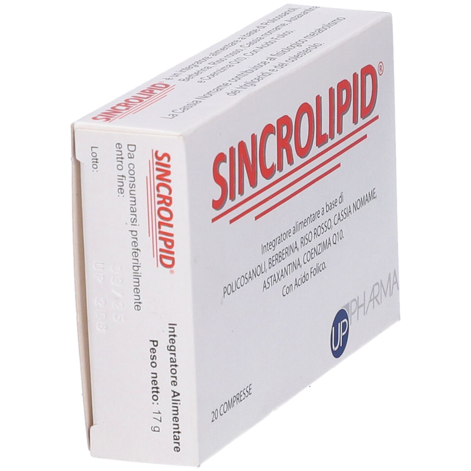 Scatola bianca Sincrolipid con testo rosso. Contiene 20 compresse. Logo UP Pharma.
