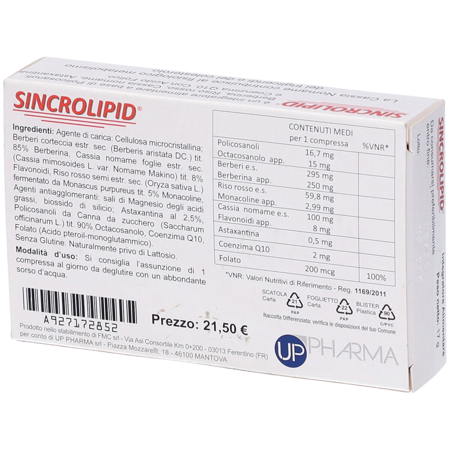 Retro della scatola Sincrolipid. Contiene ingredienti e informazioni nutrizionali. Logo UP Pharma.