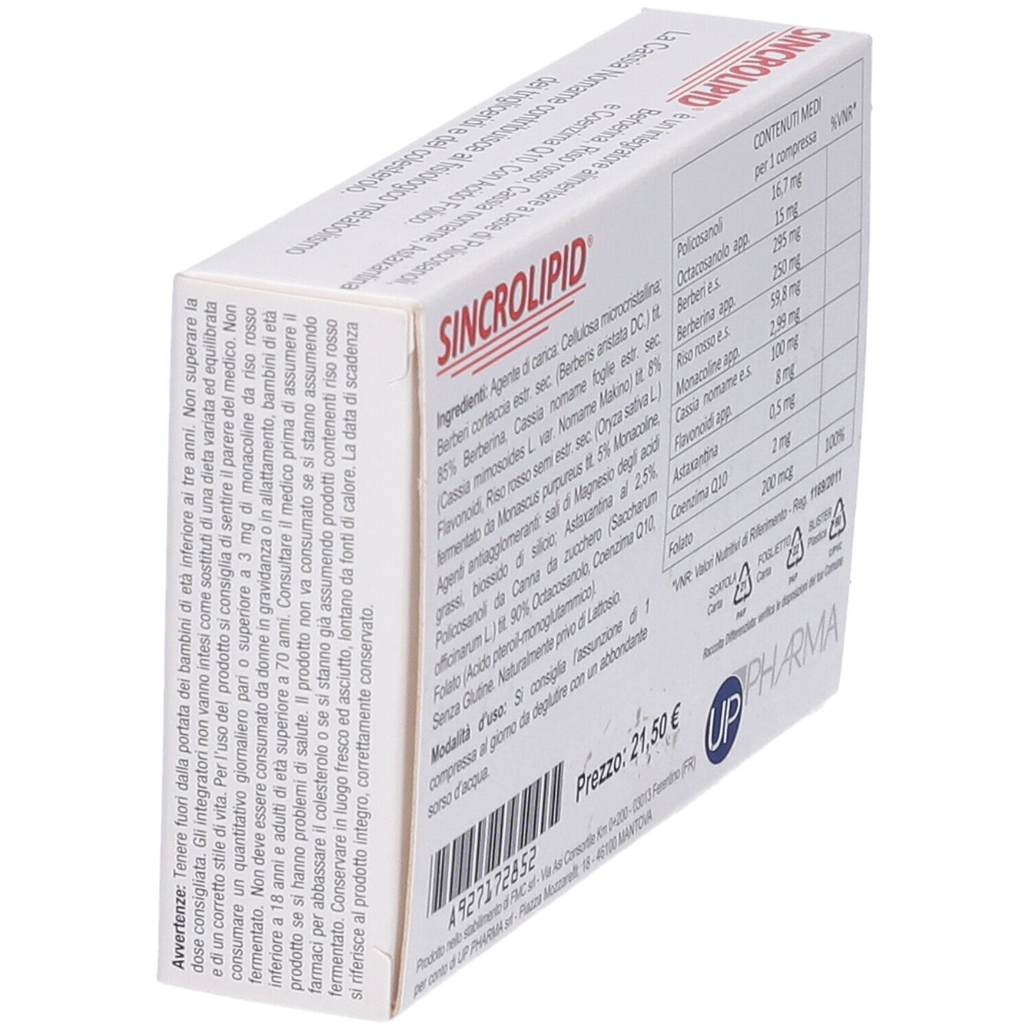 Retro della scatola Sincrolipid. Contiene ingredienti e informazioni nutrizionali. Logo UP Pharma.