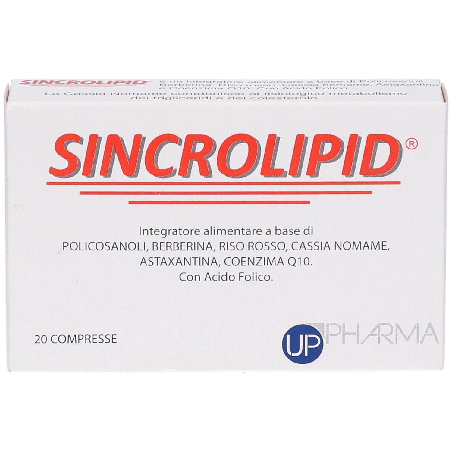 Scatola bianca Sincrolipid con testo rosso. Contiene 20 compresse. Logo UP Pharma.