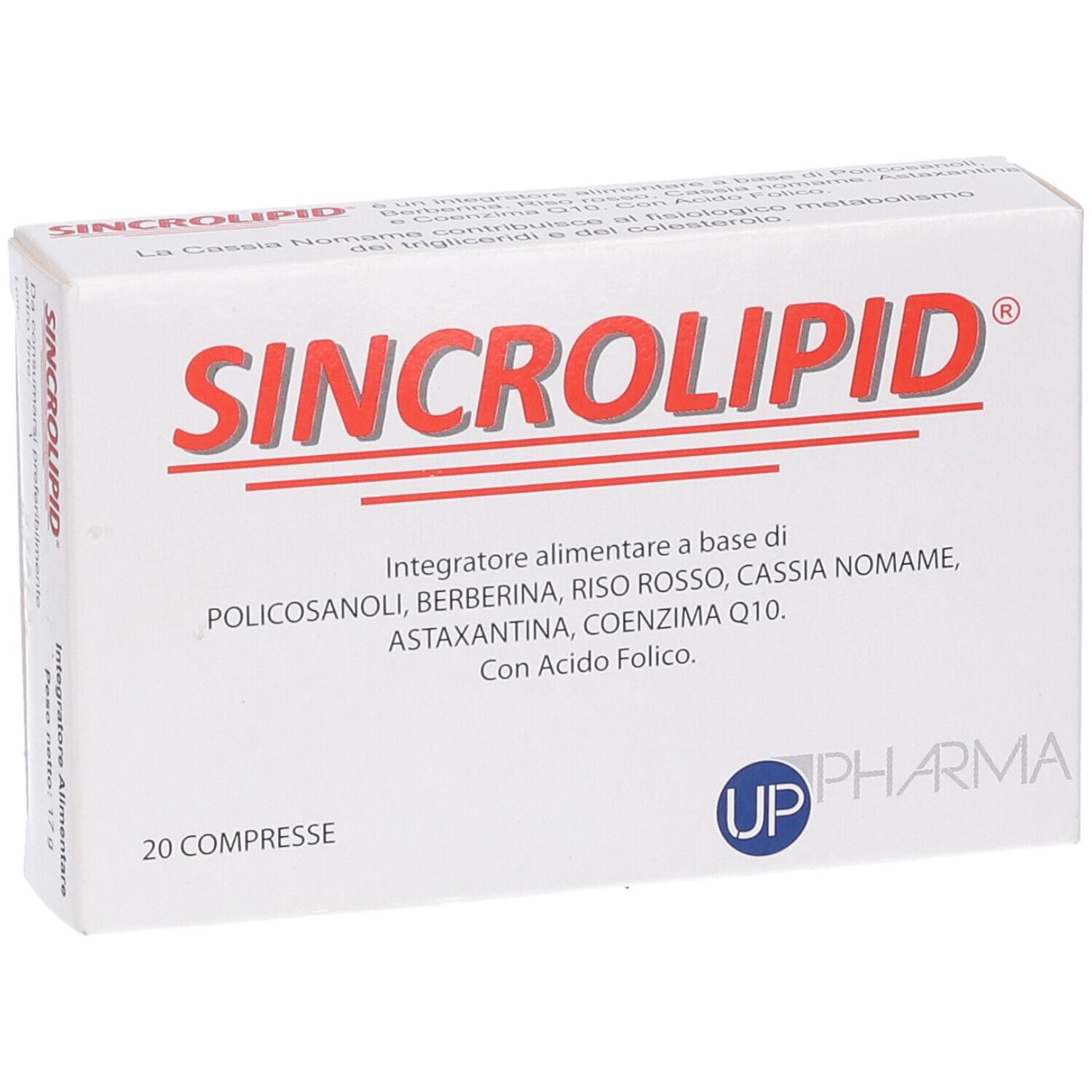 Scatola bianca Sincrolipid con testo rosso. Contiene 20 compresse. Logo UP Pharma.