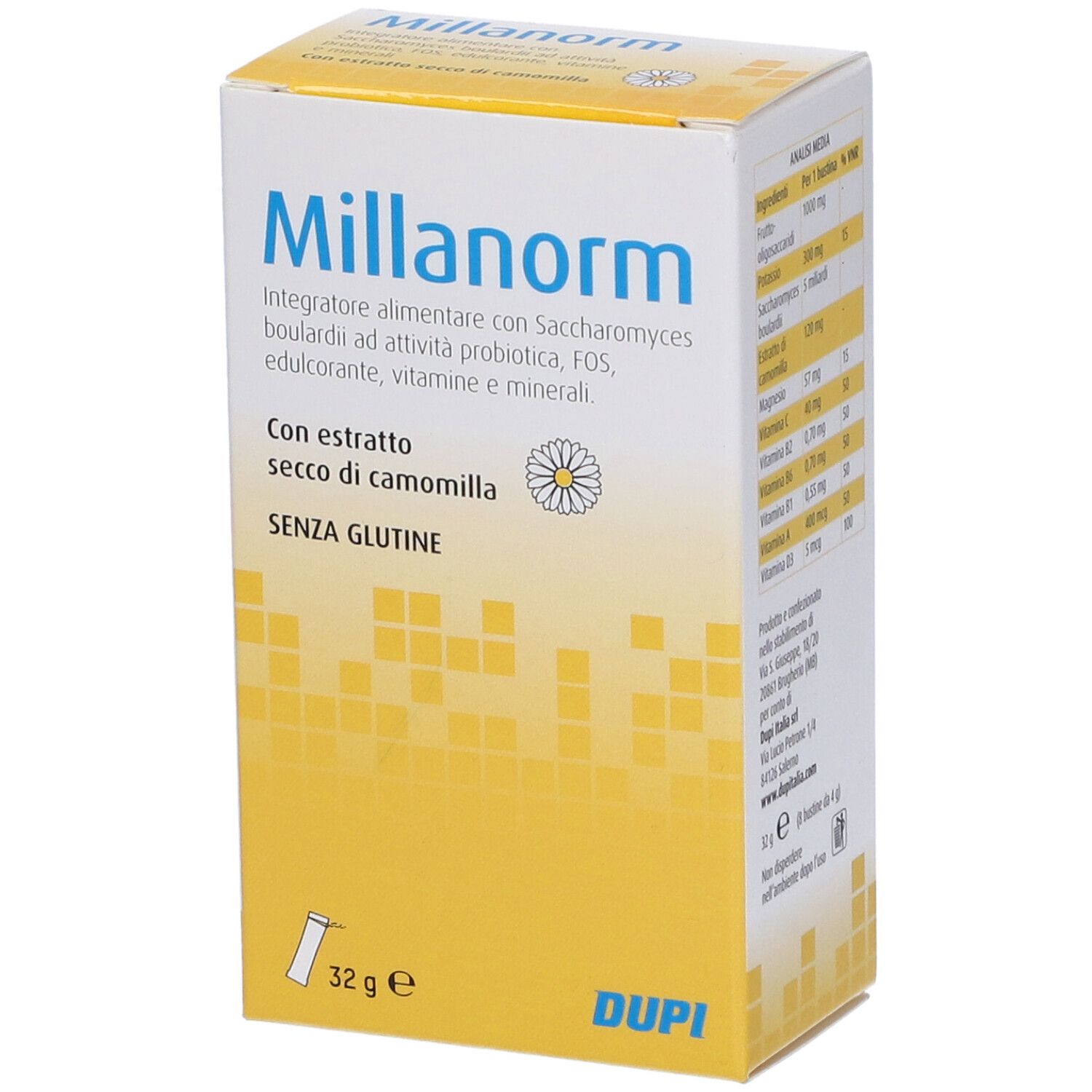 Scatola bianca e gialla con logo Millanorm. Contiene informazioni su ingredienti e valori nutrizionali.