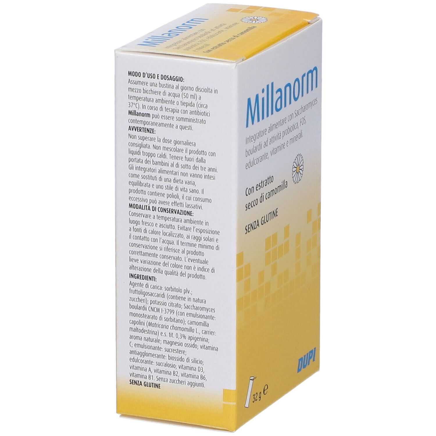 Scatola bianca e gialla con logo Millanorm. Contiene informazioni su ingredienti e valori nutrizionali.