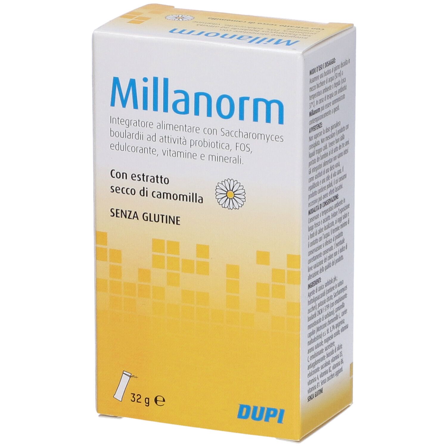 Scatola bianca e gialla con logo Millanorm. Contiene informazioni su ingredienti e valori nutrizionali.