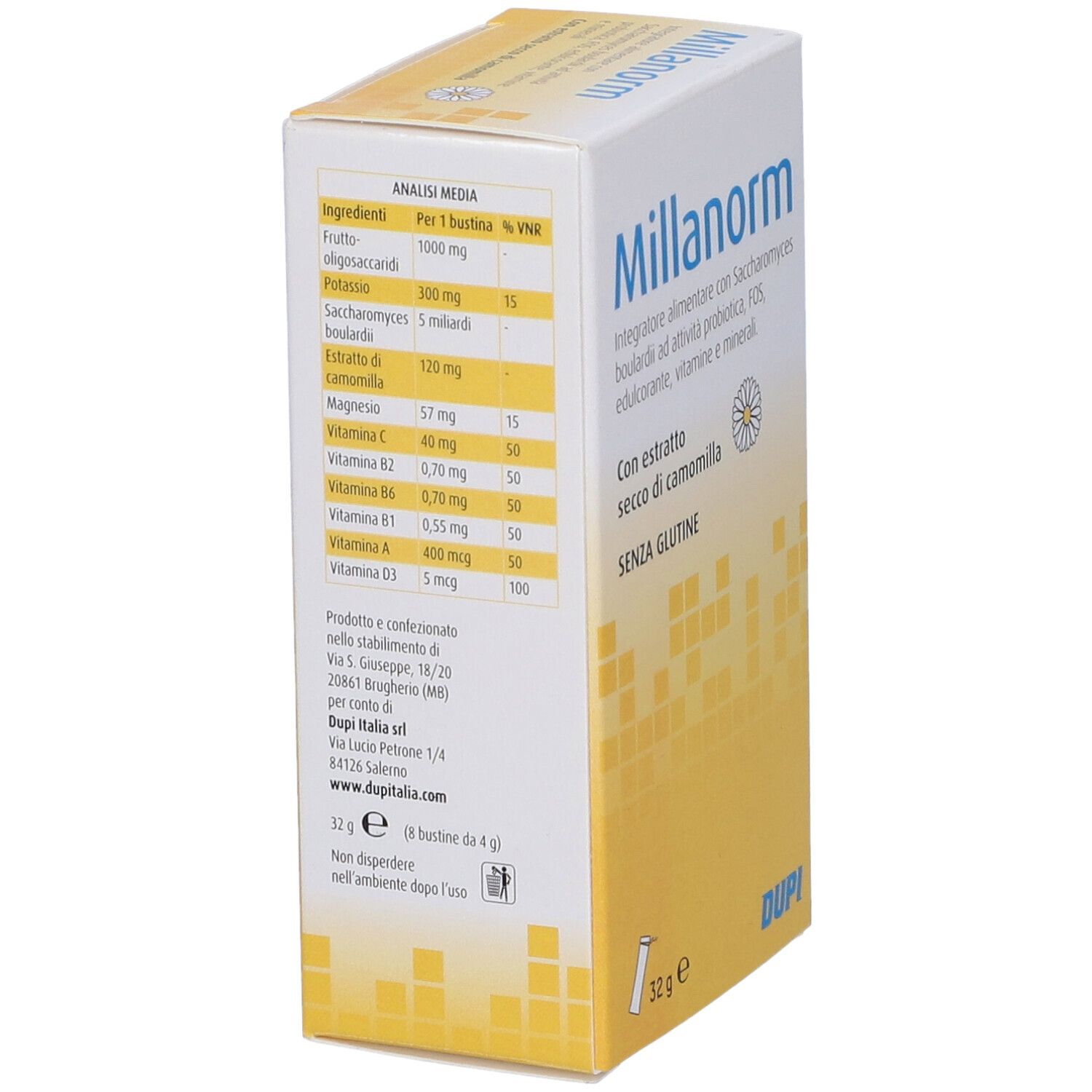 Scatola bianca e gialla con logo Millanorm. Contiene informazioni su ingredienti e valori nutrizionali.