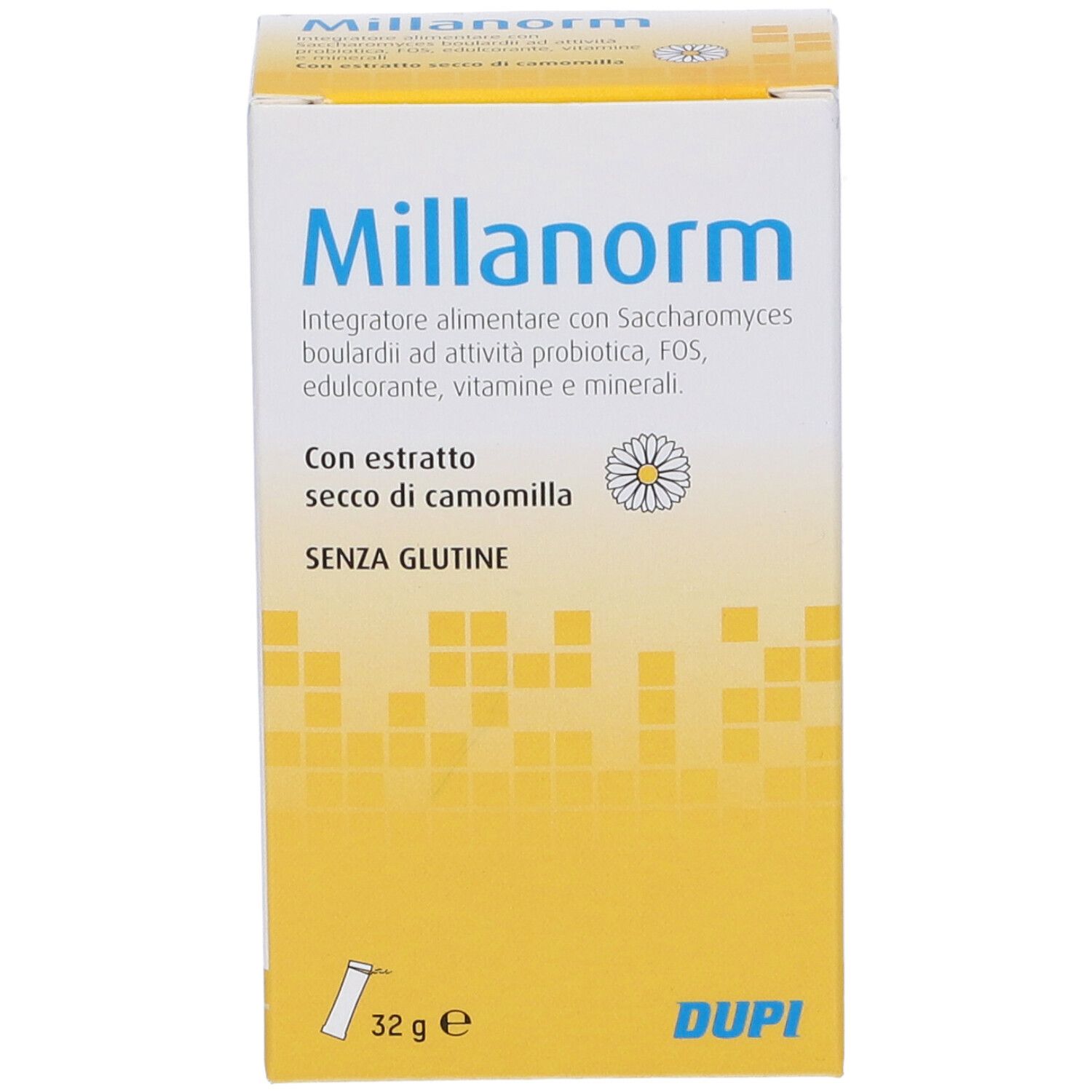 Scatola bianca e gialla con logo Millanorm. Contiene informazioni su ingredienti e valori nutrizionali.