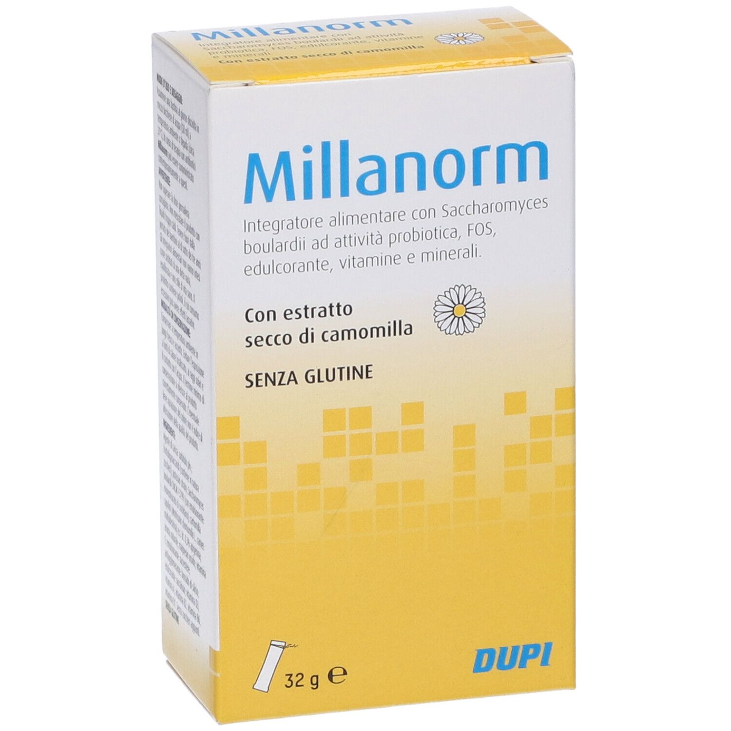 Scatola bianca e gialla con logo Millanorm. Contiene informazioni su ingredienti e valori nutrizionali.