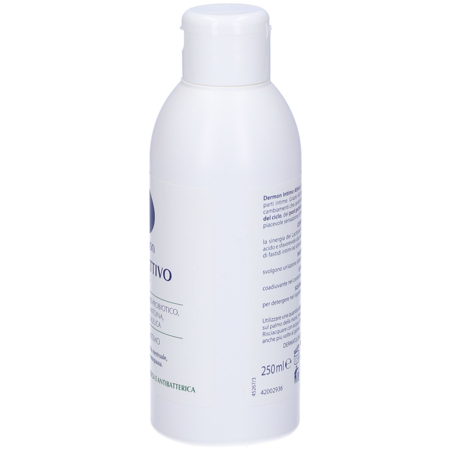 Flacon blanc à bouchon bleu. Inscription : Dermo, Intimo Attivo, pH 3,5. Texte au dos. 250ml.