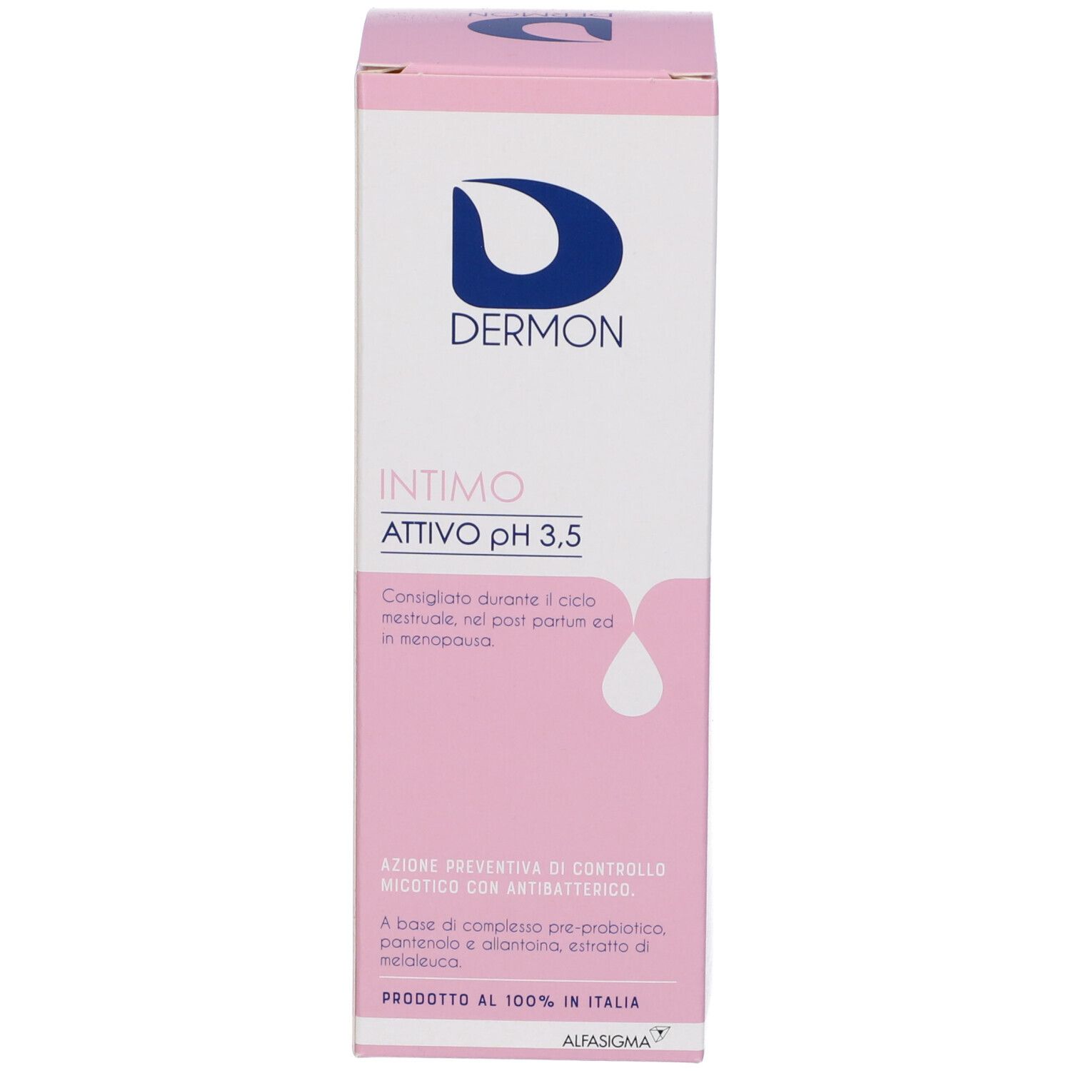 Emballage du produit : boîte. Inscription : Dermo, Intimo Attivo, pH 3,5. Texte et logo.