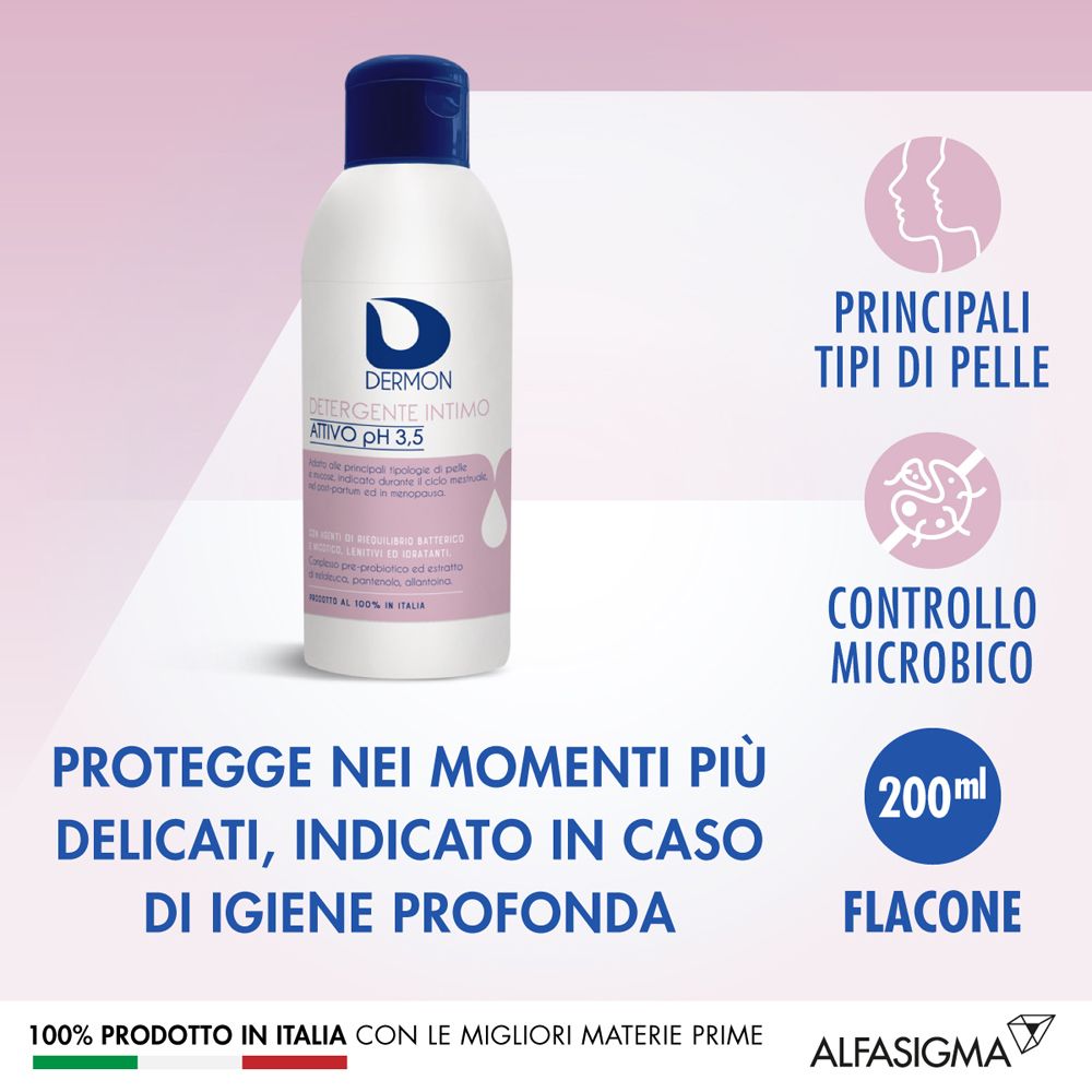 Flacon blanc à bouchon bleu. Inscription : Dermo, Detergente Intimo, pH 3,5. Étiquette rose. 200ml.