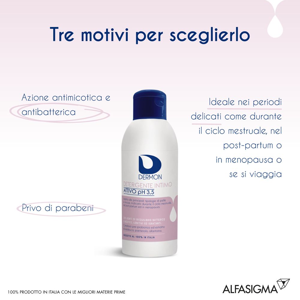Flacon blanc à bouchon bleu. Inscription : Dermo, Detergente Intimo, pH 3,5. Étiquette rose. Texte sur les avantages.
