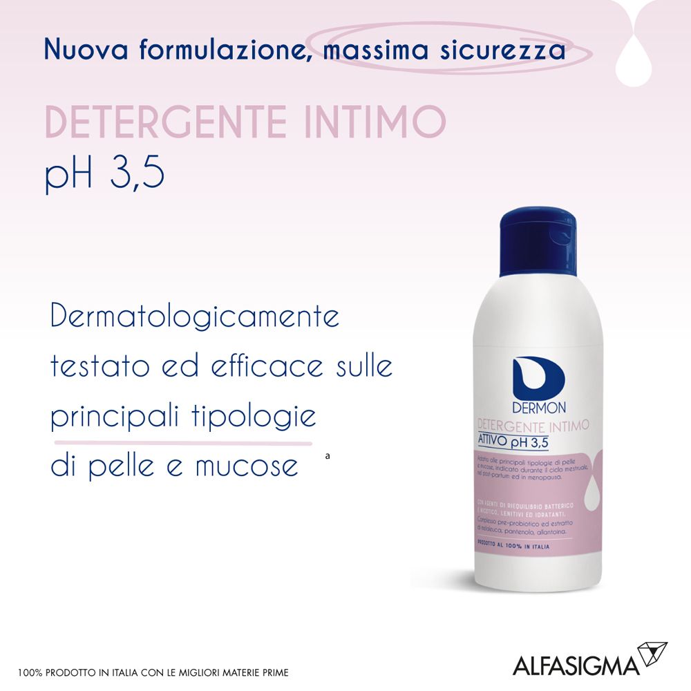 Flacon blanc à bouchon bleu. Inscription : Dermo, Detergente Intimo, pH 3,5. Étiquette rose. Testé dermatologiquement.