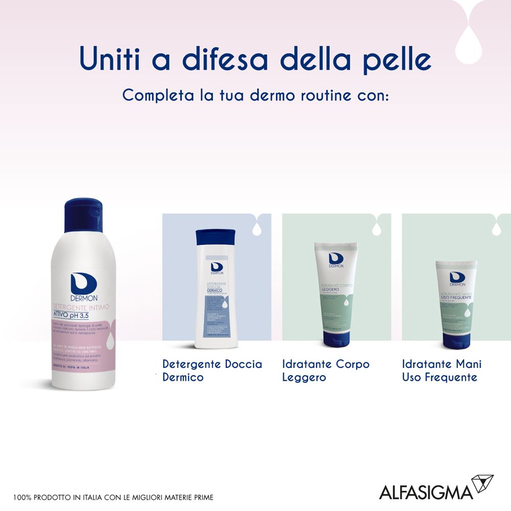 Trois produits : Dermo Intimreinigung, Dermo Gel douche, Dermo Lotion corporelle, Dermo Lotion mains. Tous avec logo Dermo.
