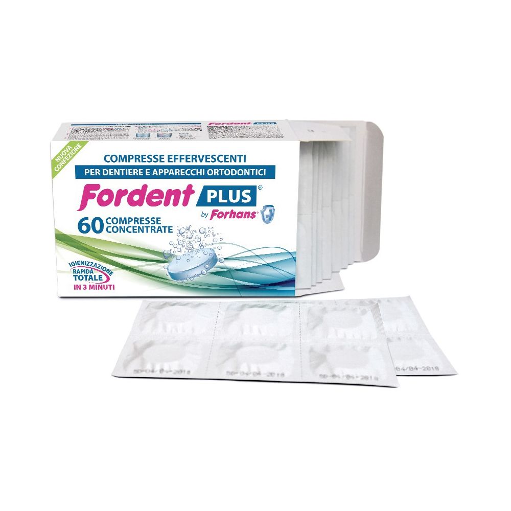 Compresse concentrate Fordent Plus. Confezione bianca con nome del prodotto e 60 compresse. Blister singoli accanto.